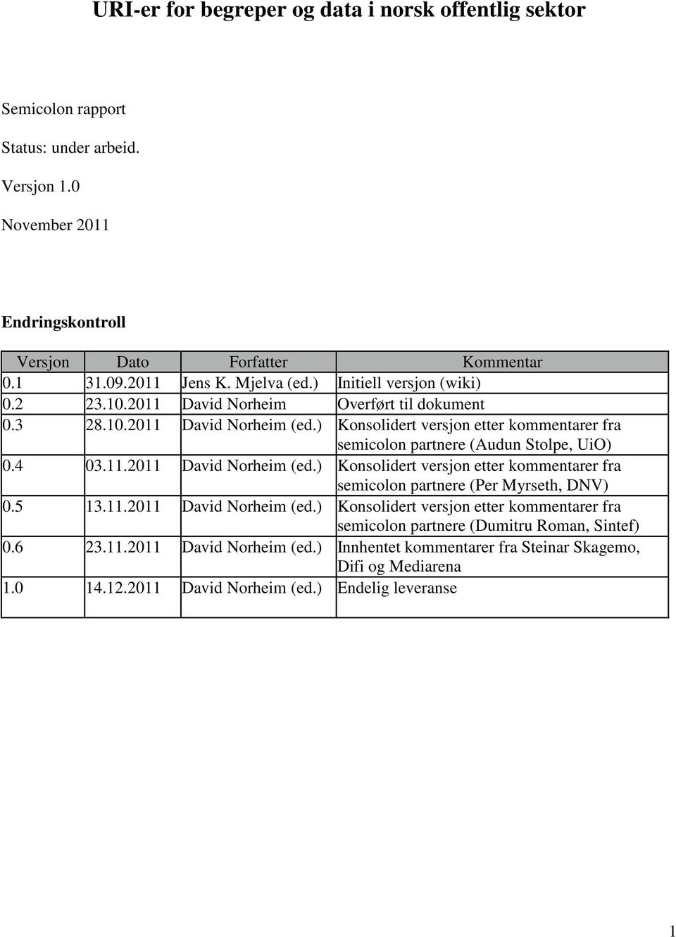 ) Konsolidert versjon etter kommentarer fra semicolon partnere (Audun Stolpe, UiO) 0.4 03.11.2011 David Norheim (ed.