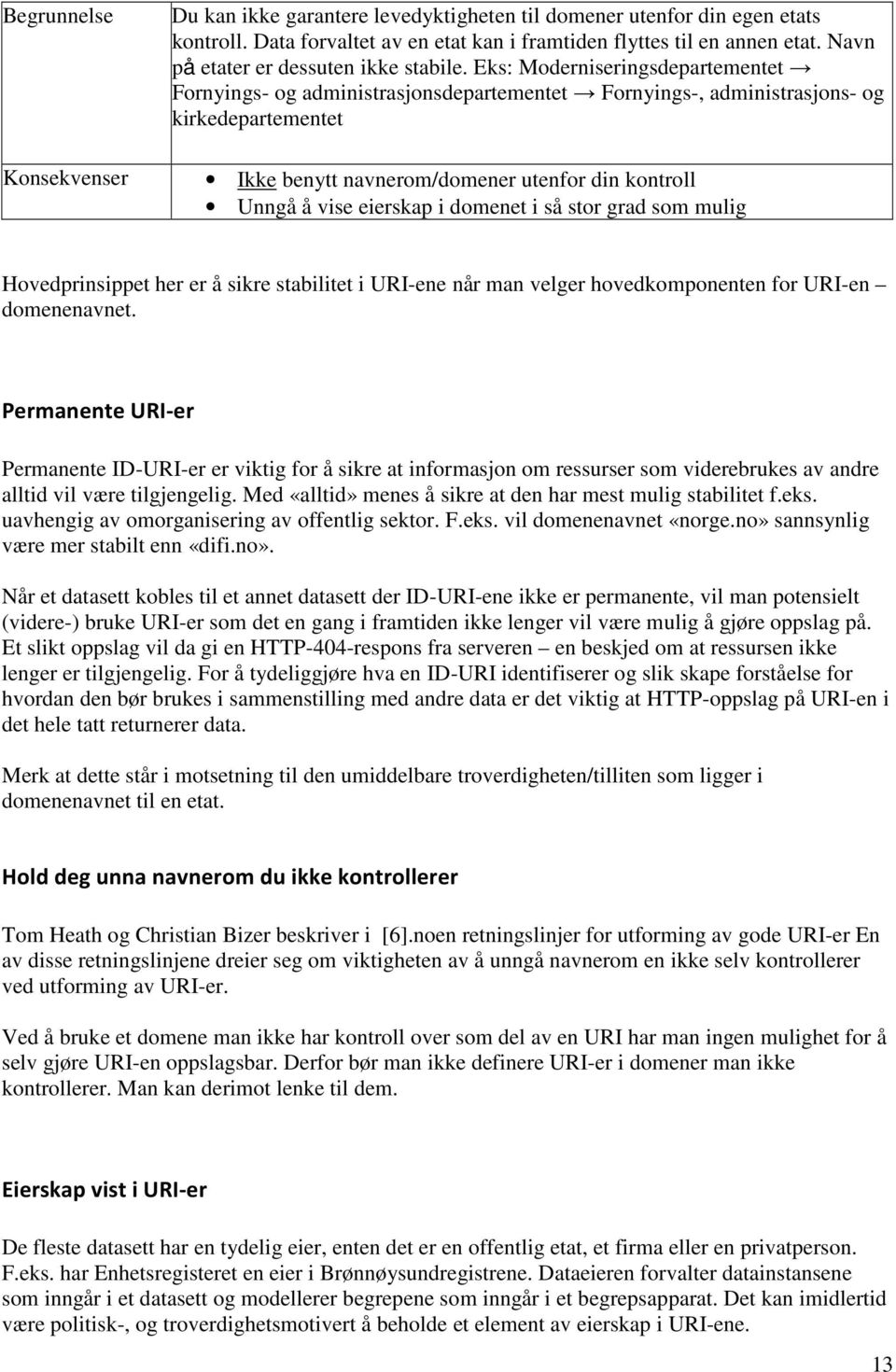 Eks: Moderniseringsdepartementet Fornyings- og administrasjonsdepartementet Fornyings-, administrasjons- og kirkedepartementet Ikke benytt navnerom/domener utenfor din kontroll Unngå å vise eierskap