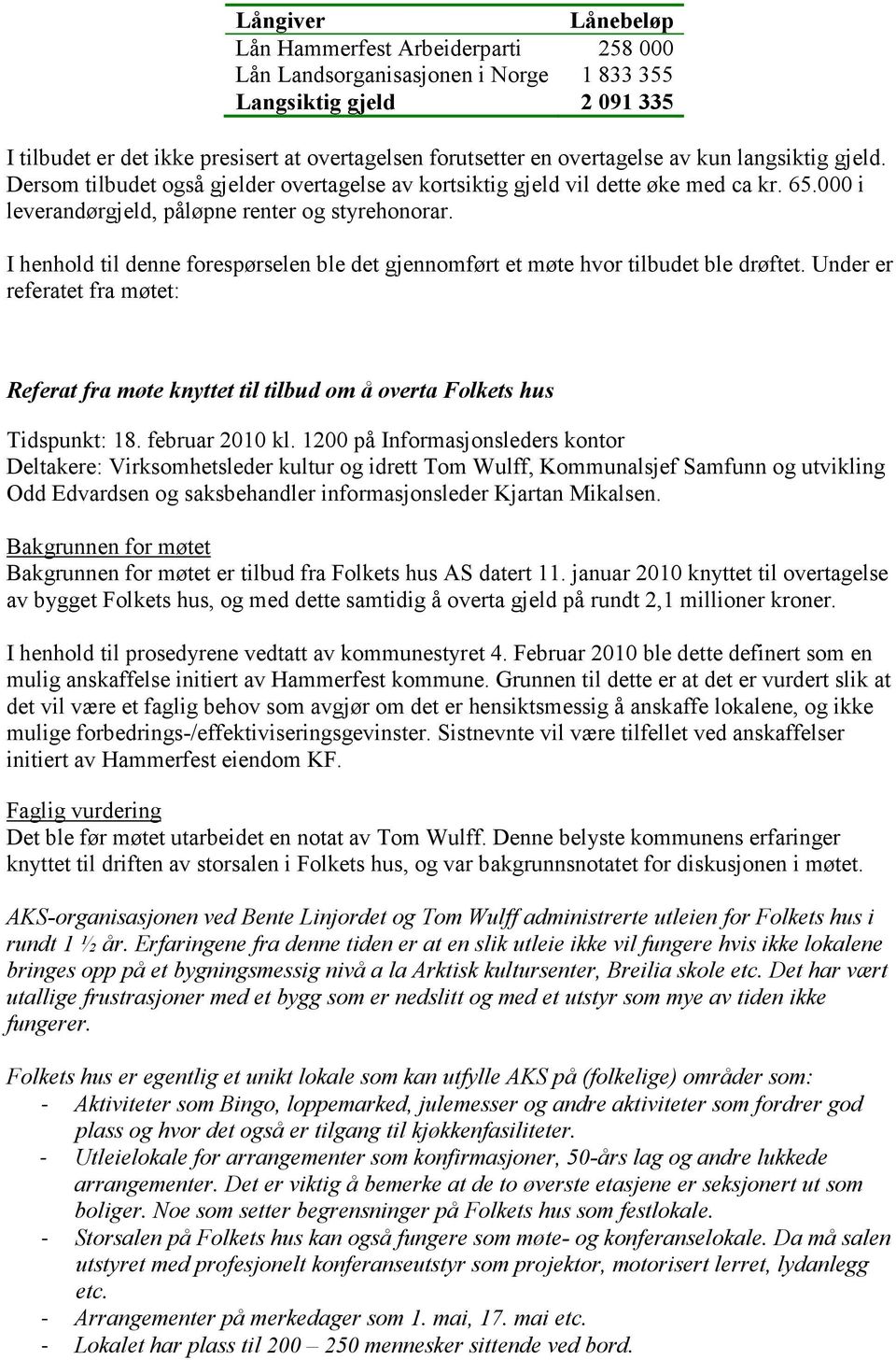 I henhold til denne forespørselen ble det gjennomført et møte hvor tilbudet ble drøftet. Under er referatet fra møtet: Referat fra møte knyttet til tilbud om å overta Folkets hus Tidspunkt: 18.