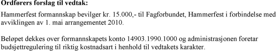 mai arrangementet 2010. Beløpet dekkes over formannskapets konto 14903.1990.