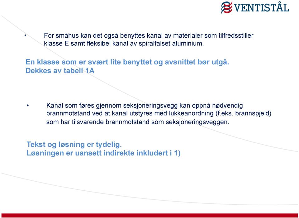 Dekkes av tabell 1A Kanal som føres gjennom seksjoneringsvegg kan oppnå nødvendig brannmotstand ved at kanal utstyres