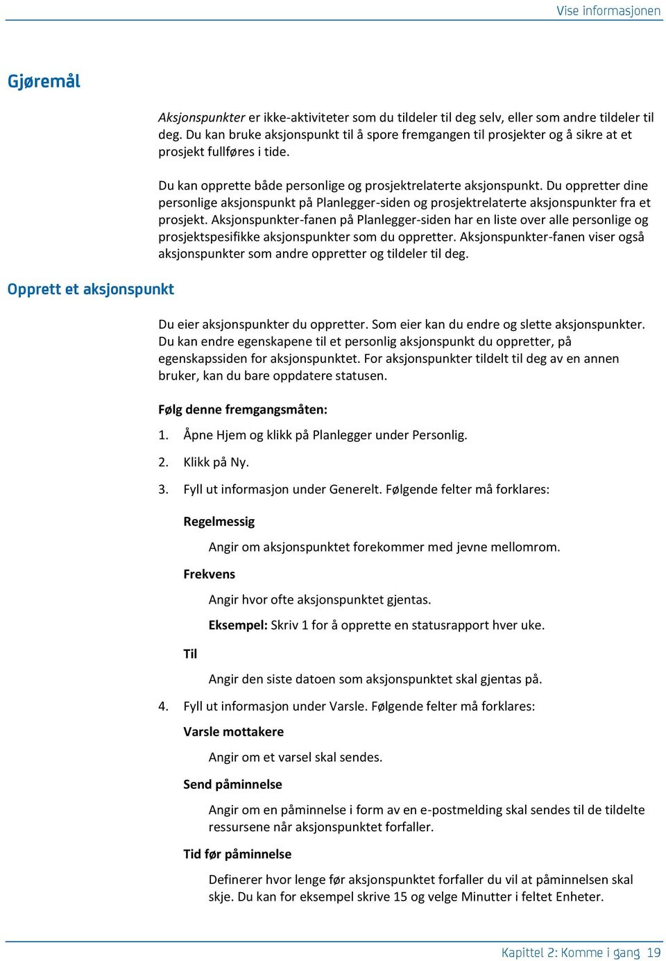 Du oppretter dine personlige aksjonspunkt på Planlegger-siden og prosjektrelaterte aksjonspunkter fra et prosjekt.