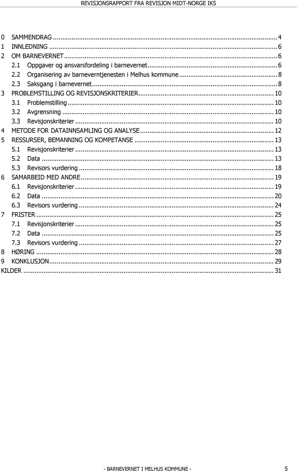 .. 10 4 METODE FOR DATAINNSAMLING OG ANALYSE... 12 5 RESSURSER, BEMANNING OG KOMPETANSE... 13 5.1 Revisjonskriterier... 13 5.2 Data... 13 5.3 Revisors vurdering... 18 6 SAMARBEID MED ANDRE.