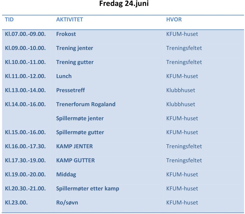 00. Kl.23.00. Frokost Trening jenter Trening gutter Lunch Pressetreff Trenerforum Rogaland Spillermøte