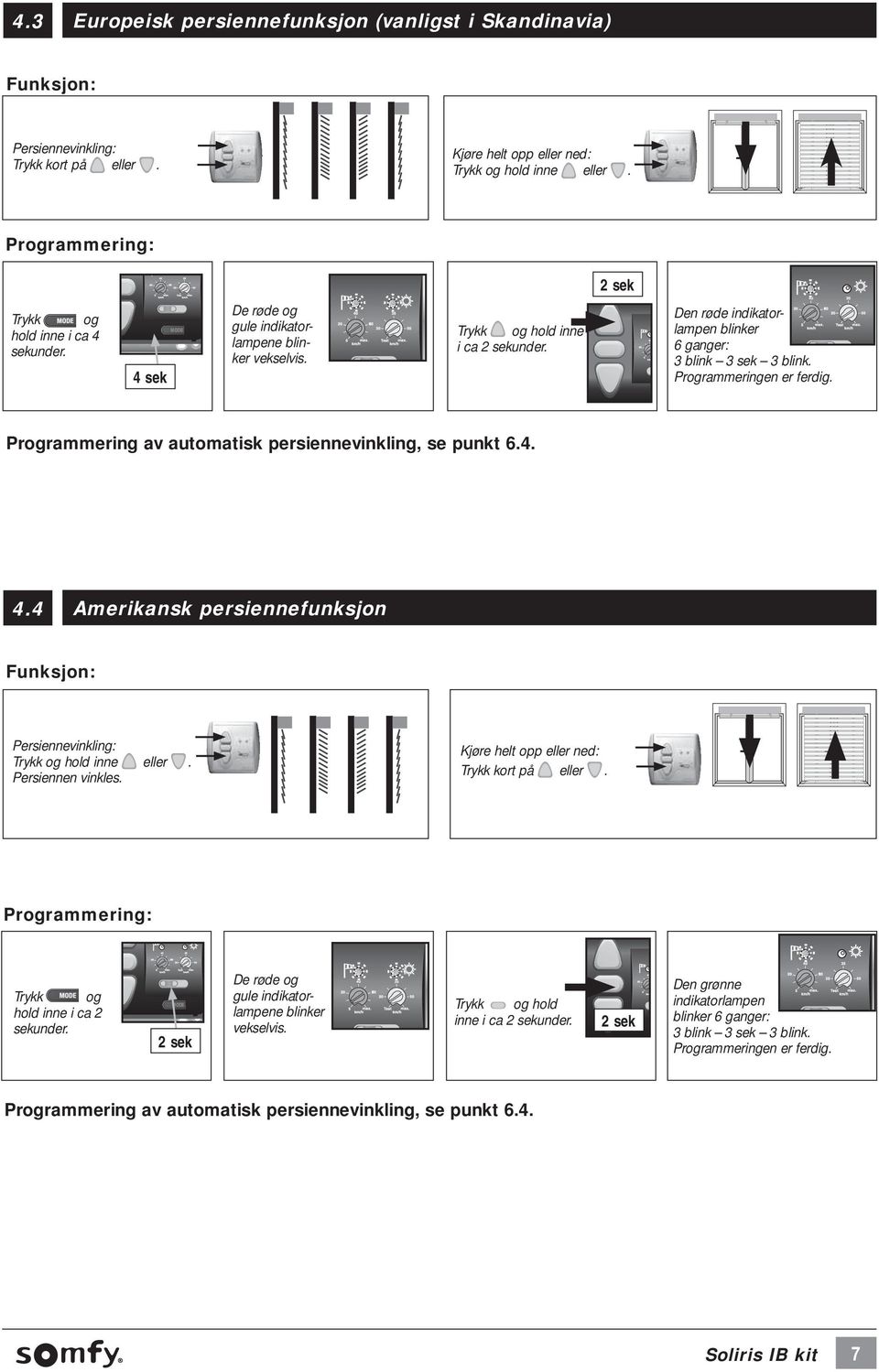 Den røde indikatorlampen blinker 6 ganger: 3 blink 3 sek 3 blink. Programmeringen er ferdig. Programmering av automatisk persiennevinkling, se punkt 6.4. 4.