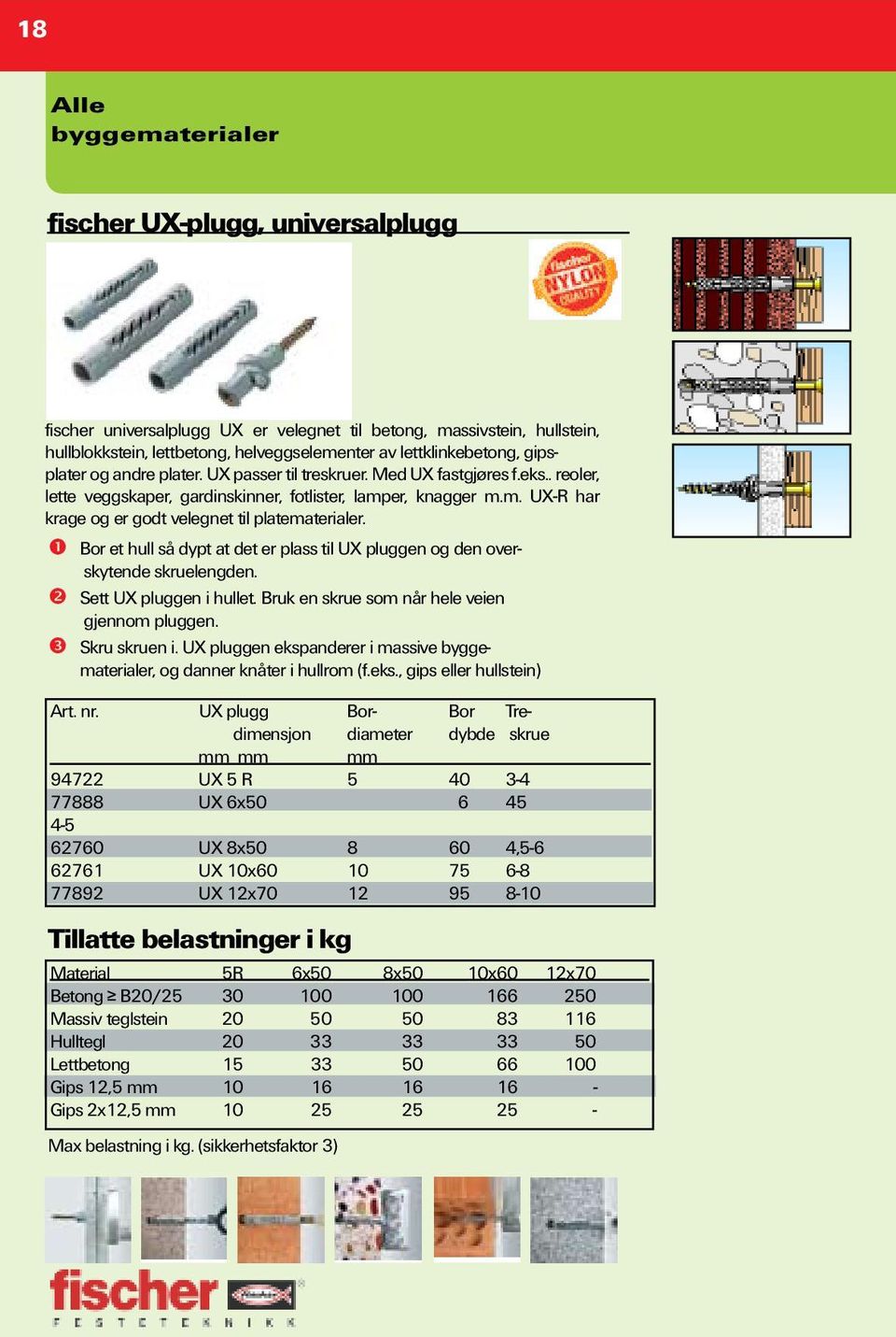 Bor et hull så dypt at det er plass til UX pluggen og den overskytende skruelengden. Sett UX pluggen i hullet. Bruk en skrue som når hele veien gjennom pluggen. Skru skruen i.