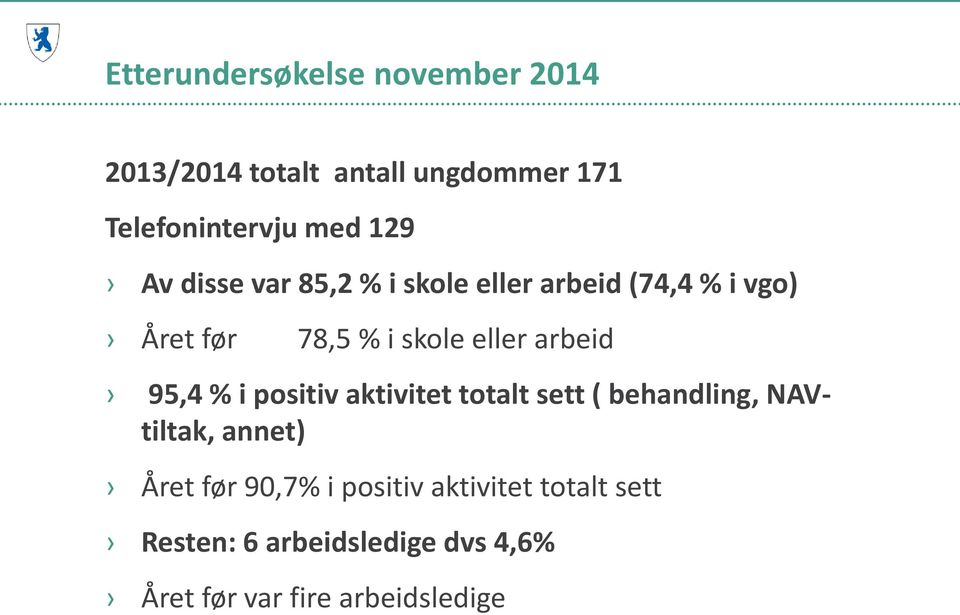 arbeid 95,4 % i positiv aktivitet totalt sett ( behandling, NAVtiltak, annet) Året før 90,7%