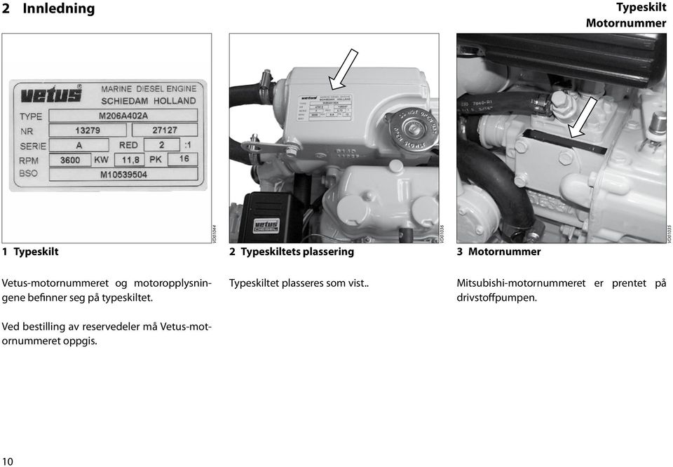 seg på typeskiltet. Ved bestilling av reservedeler må Vetus-motornummeret oppgis.