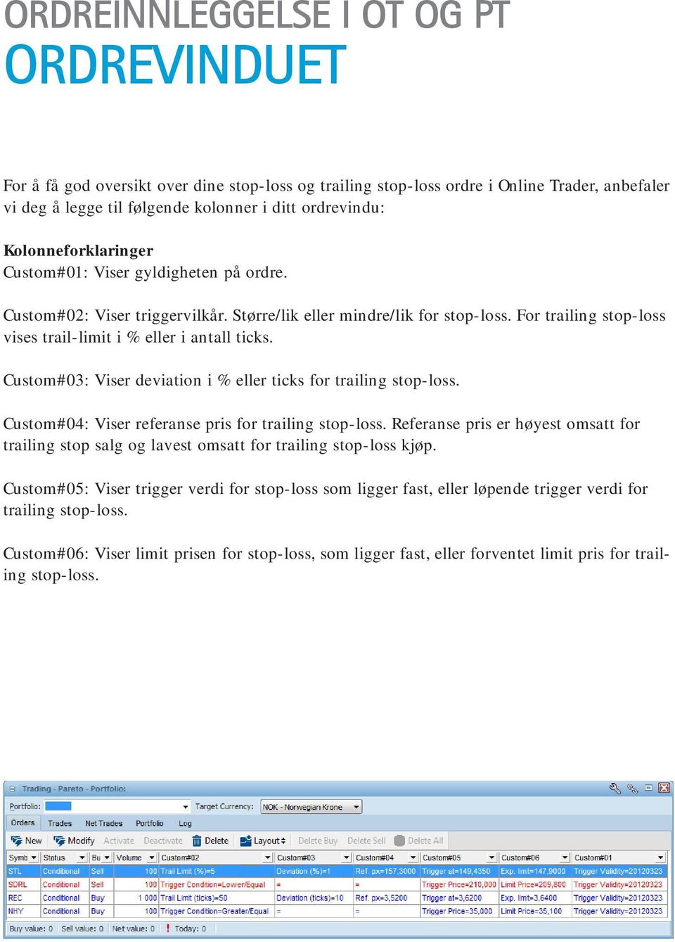 Custom#03: Viser deviation i % eller ticks for trailing stop-loss. Custom#04: Viser referanse pris for trailing stop-loss.