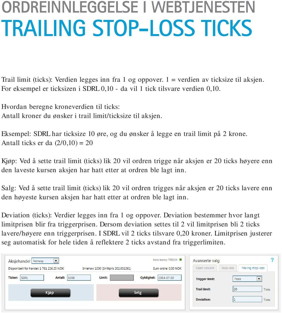 Eksempel: SDRL har ticksize 10 øre, og du ønsker å legge en trail limit på 2 krone.