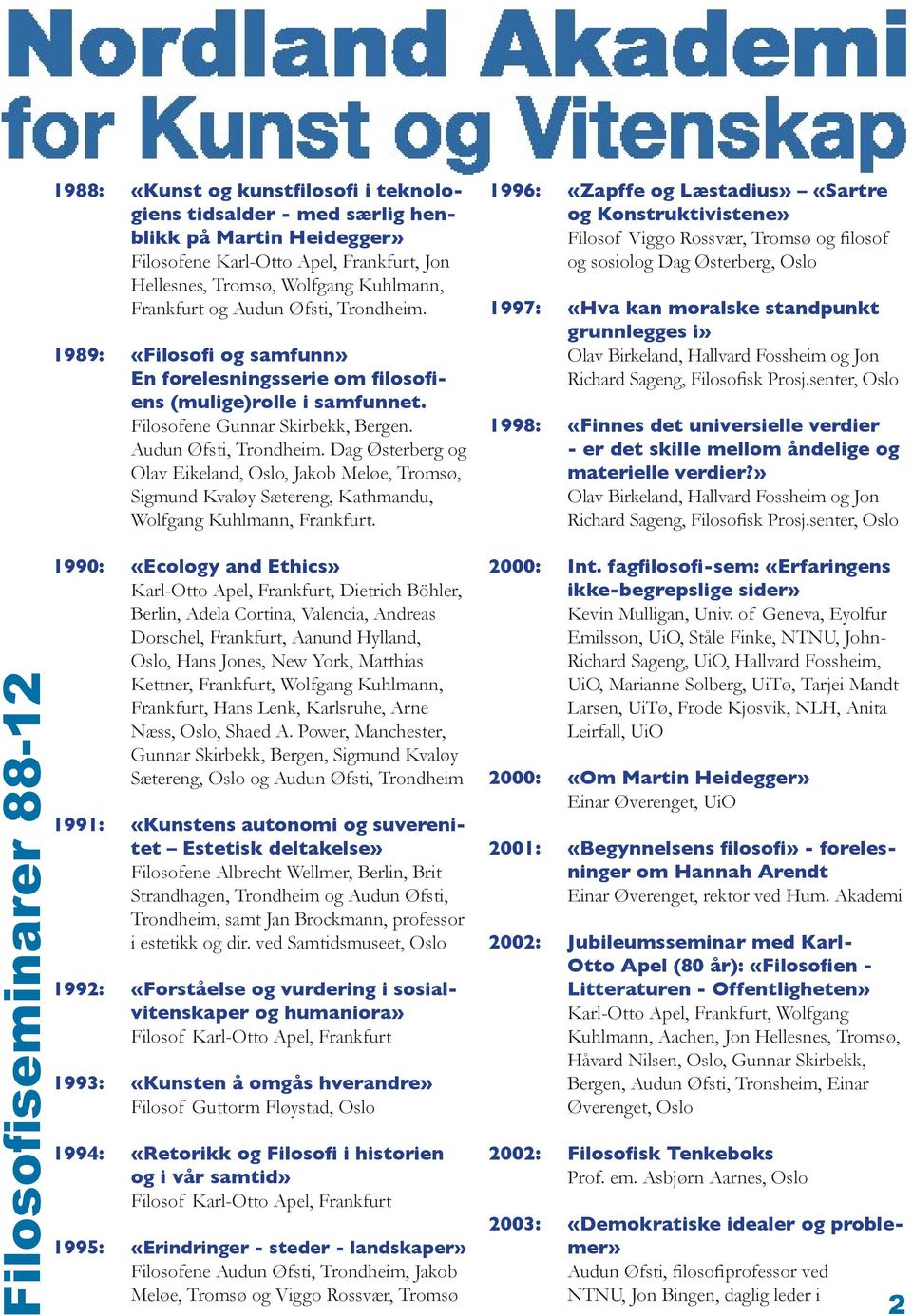 1990: «Ecology and Ethics» Karl-Otto Apel, Frankfurt, Dietrich Böhler, Berlin, Adela Cortina, Valencia, Andreas Dorschel, Frankfurt, Aanund Hylland, Oslo, Hans Jones, New York, Matthias Kettner,