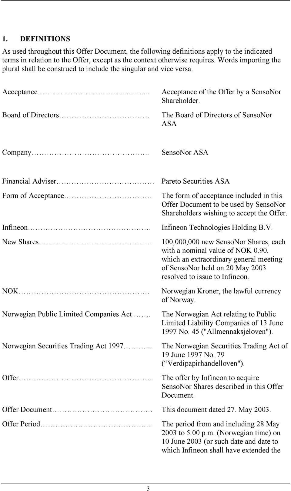 The Board of Directors of SensoNor ASA Company.. SensoNor ASA Financial Adviser Form of Acceptance.. Infineon. New Shares NOK. Norwegian Public Limited Companies Act.