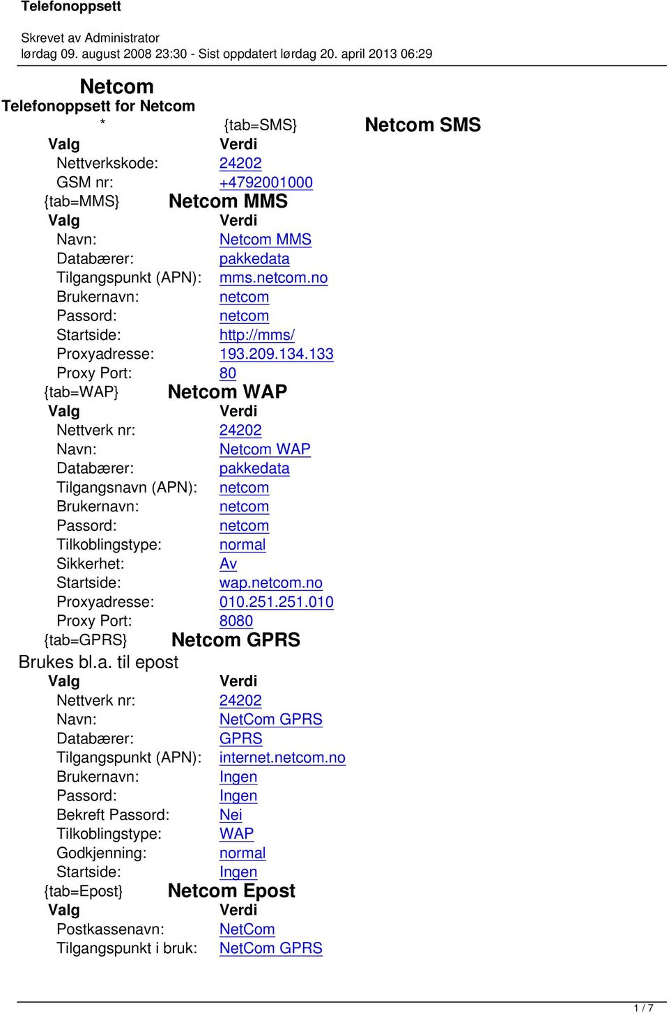 133 Proxy Port: 80 {tab=wap} Netcom WAP Netcom WAP Tilgangsnavn (APN): netcom Brukernavn: netcom netcom wap.netcom.no Proxyadresse: 010.