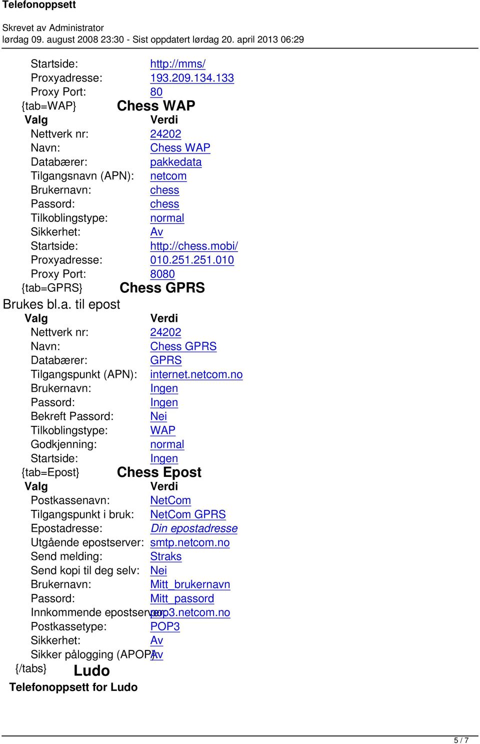 mobi/ Proxyadresse: 010.251.251.010 {tab=} Chess Chess Tilgangspunkt (APN): internet.netcom.