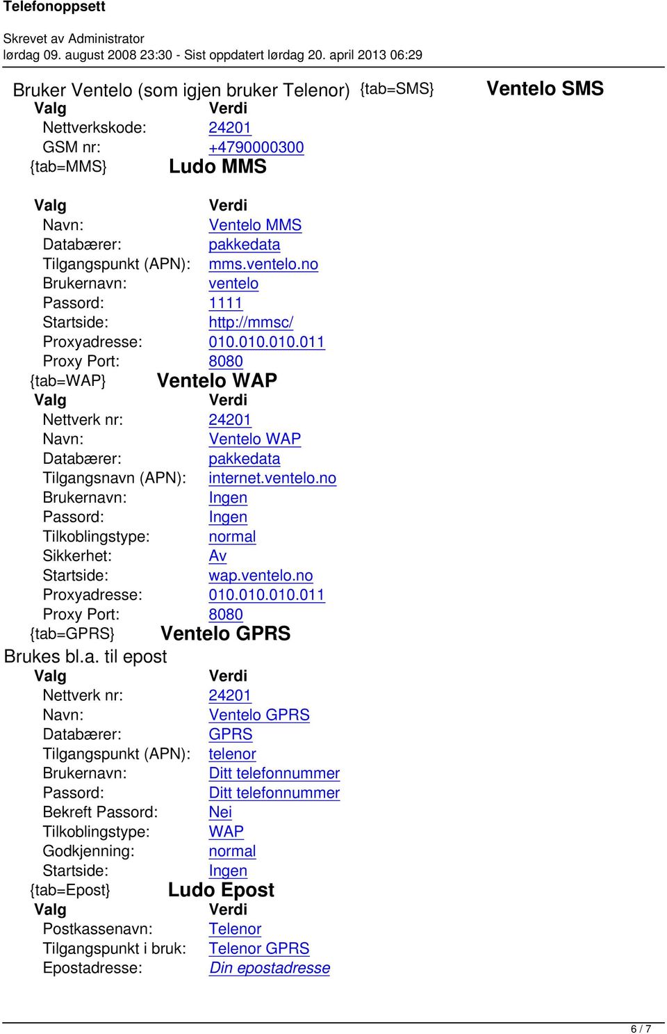 no Brukernavn: ventelo 1111 http://mmsc/ {tab=wap} Ventelo WAP Ventelo WAP Tilgangsnavn (APN): internet.ventelo.no Brukernavn: wap.