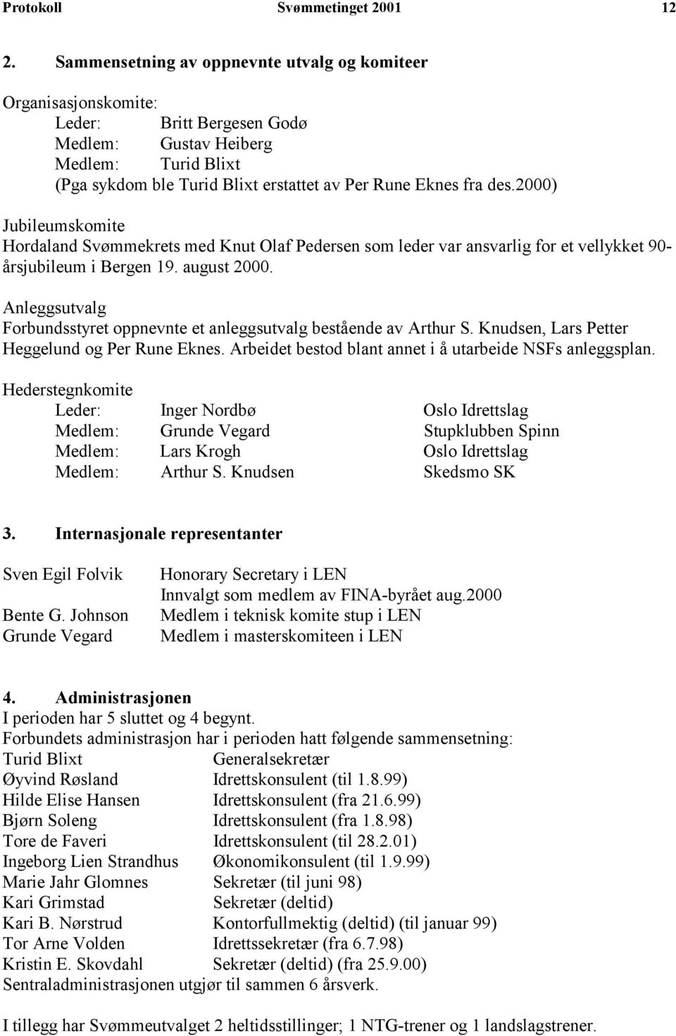 des.2000) Jubileumskomite Hordaland Svømmekrets med Knut Olaf Pedersen som leder var ansvarlig for et vellykket 90- årsjubileum i Bergen 19. august 2000.