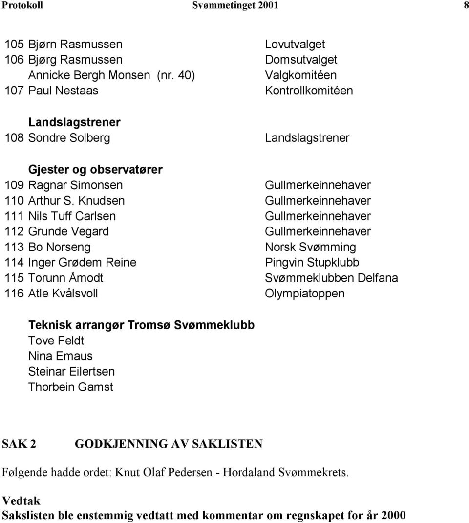 Knudsen Gullmerkeinnehaver 111 Nils Tuff Carlsen Gullmerkeinnehaver 112 Grunde Vegard Gullmerkeinnehaver 113 Bo Norseng Norsk Svømming 114 Inger Grødem Reine Pingvin Stupklubb 115 Torunn Åmodt