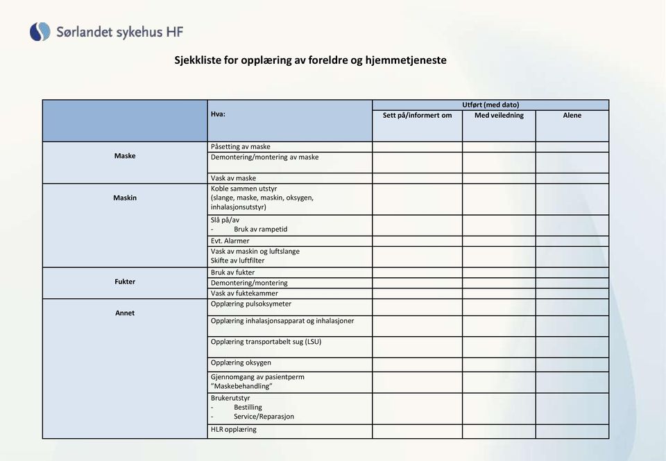 Alarmer Vask av maskin og luftslange Skifte av luftfilter Bruk av fukter Demontering/montering Vask av fuktekammer Opplæring pulsoksymeter Opplæring