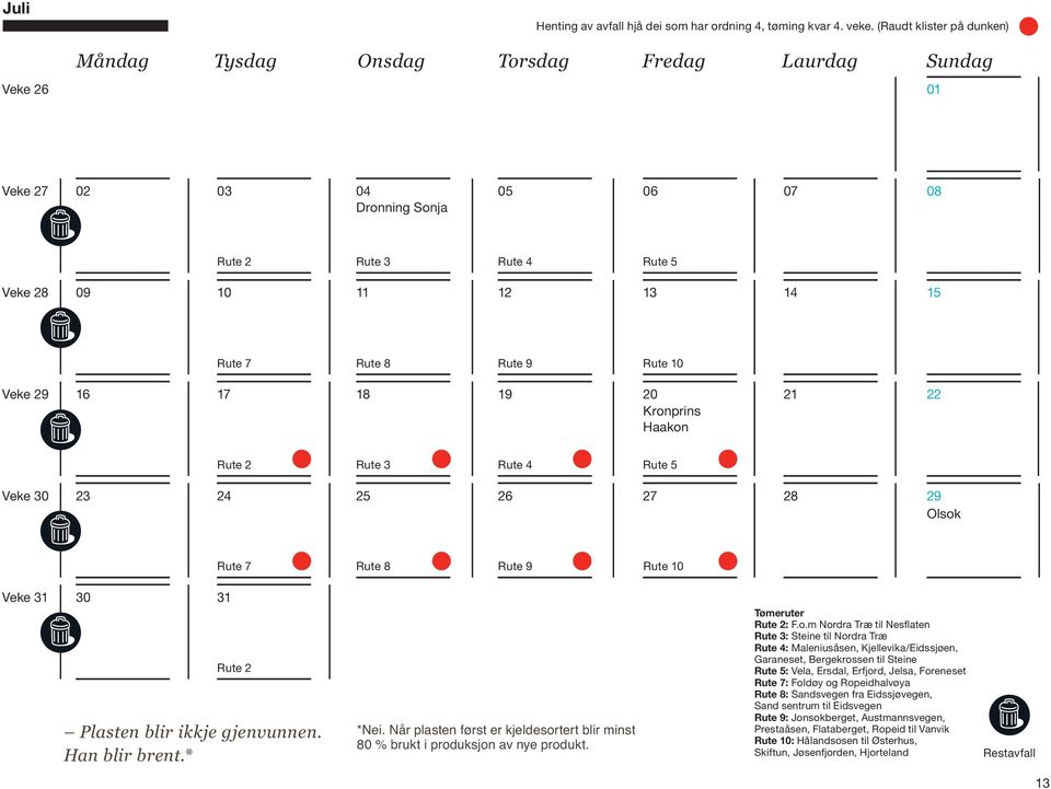 Olsok Rute 7 Rute 8 Rute 9 Rute Veke 31 30 31 Rute 2 Plasten blir ikkje gjenvunnen. Han blir brent.* *Nei. Når plasten først er kjeldesortert blir minst 80 % brukt i produksjon av nye produkt.