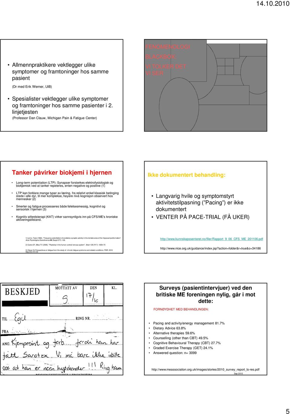 linjetjesten (Professor Dan Clauw, Michigan Pain & Fatigue Center) Tanker påvirker biokjemi i hjernen Long-term potentiation (LTP): Synapser forsterkes elektrofysiologisk og biokjemisk ved at tanker