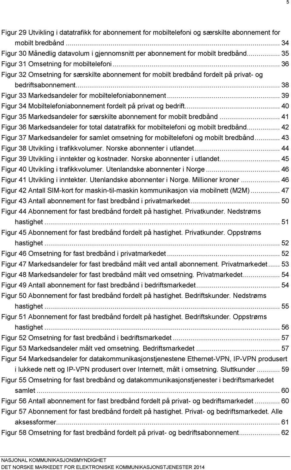 .. 38 Figur 33 Markedsandeler for mobiltelefoniabonnement... 39 Figur 34 Mobiltelefoniabonnement fordelt på privat og bedrift... 40 Figur 35 Markedsandeler for særskilte abonnement for mobilt bredbånd.