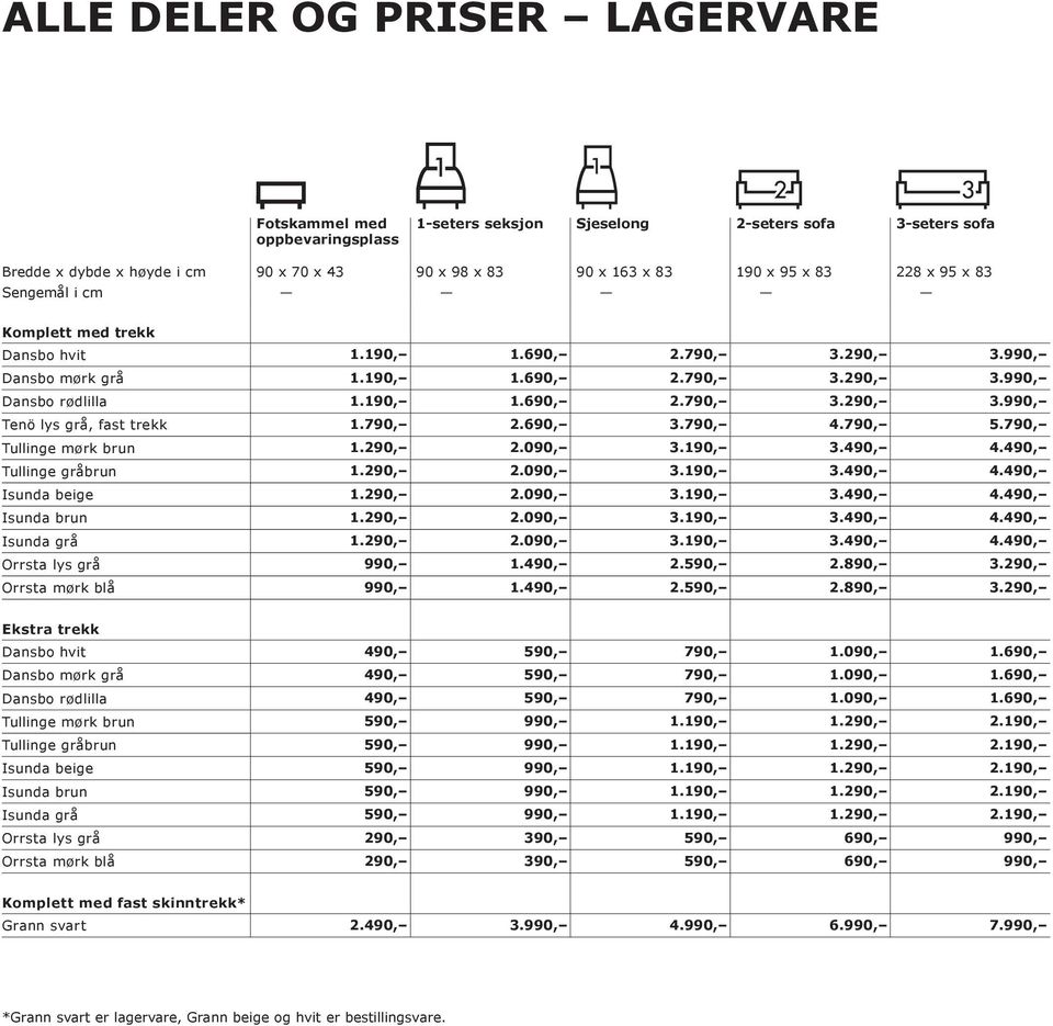 790, 2.690, 3.790, 4.790, 5.790, Tullinge mørk brun 1.290, 2.090, 3.190, 3.490, 4.490, Tullinge gråbrun 1.290, 2.090, 3.190, 3.490, 4.490, Isunda beige 1.290, 2.090, 3.190, 3.490, 4.490, Isunda brun 1.