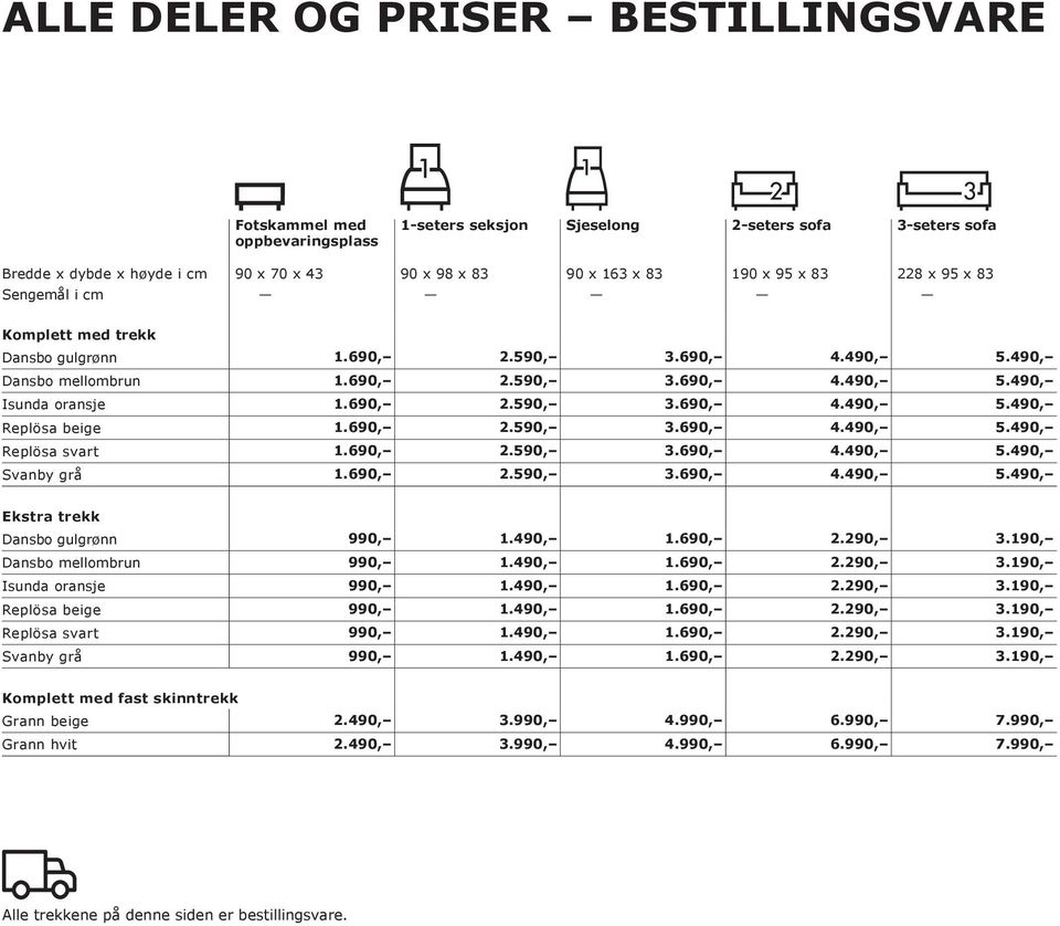 690, 2.590, 3.690, 4.490, 5.490, Replösa svart 1.690, 2.590, 3.690, 4.490, 5.490, Svanby grå 1.690, 2.590, 3.690, 4.490, 5.490, Ekstra trekk Dansbo gulgrønn 990, 1.490, 1.690, 2.290, 3.