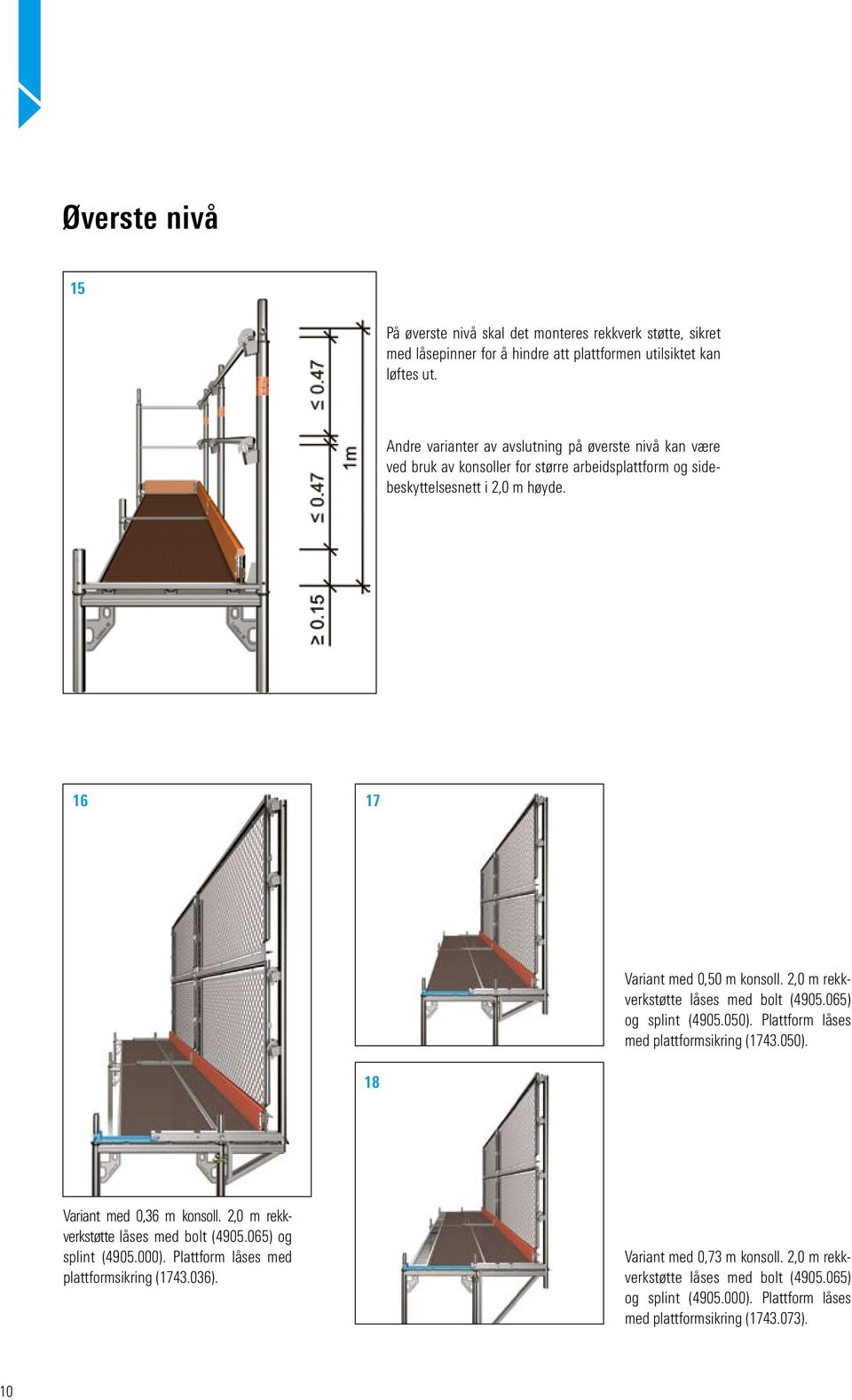 2,0 m rekkverkstøtte låses med bolt (4905.065) og splint (4905.050). Plattform låses med plattformsikring (1743.050). 18 Variant med 0,36 m konsoll.