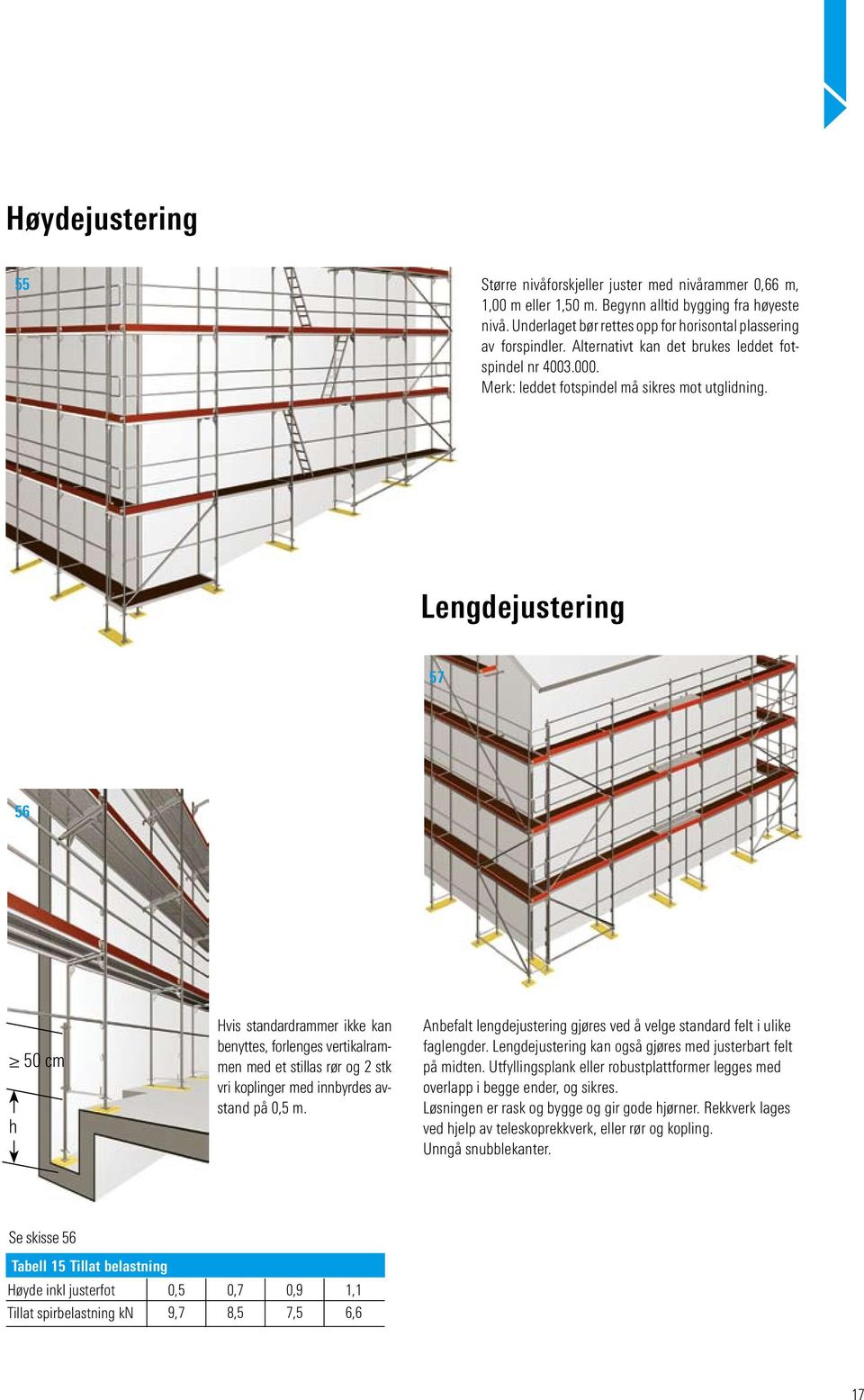 Lengdejustering 57 56 50 cm h Hvis standardrammer ikke kan benyttes, forlenges vertikalrammen med et stillas rør og 2 stk vri koplinger med innbyrdes avstand på 0,5 m.