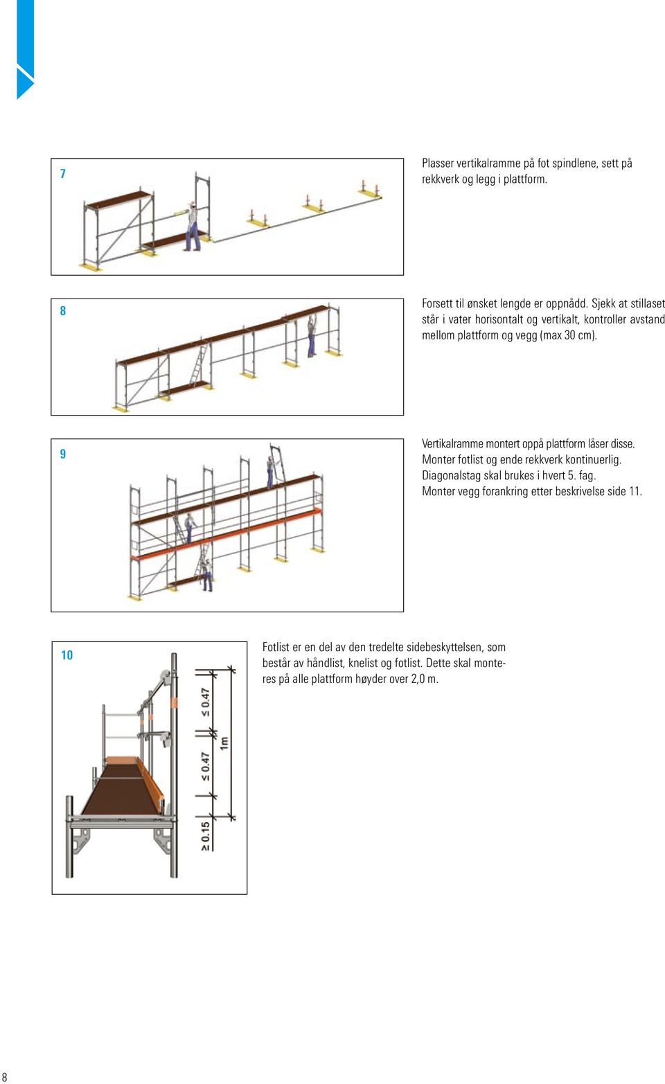 9 Vertikalramme montert oppå plattform låser disse. Monter fotlist og ende rekkverk kontinuerlig. Diagonalstag skal brukes i hvert 5. fag.