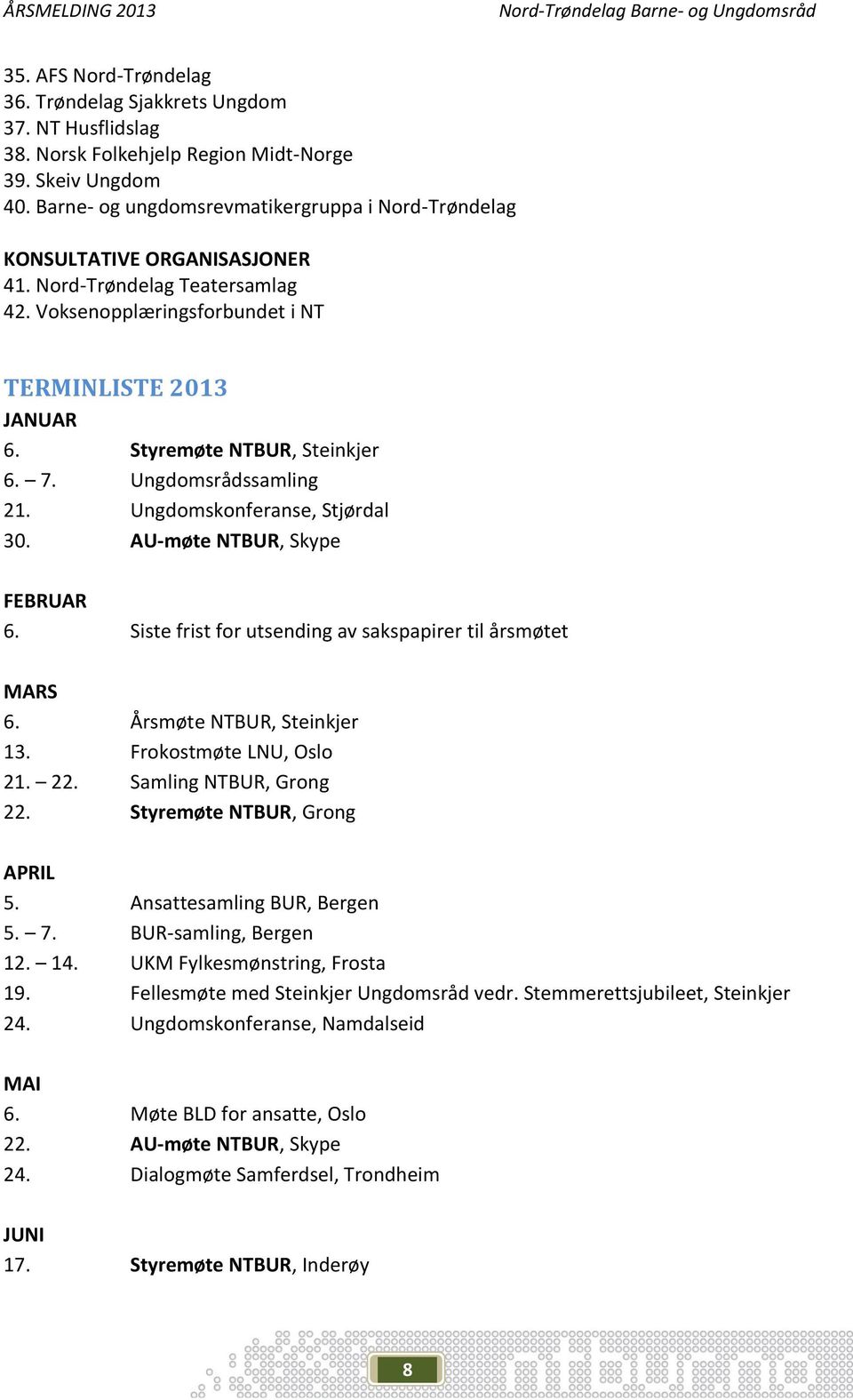 Styremøte NTBUR, Steinkjer 6. 7. Ungdomsrådssamling 21. Ungdomskonferanse, Stjørdal 30. AU-møte NTBUR, Skype FEBRUAR 6. Siste frist for utsending av sakspapirer til årsmøtet MARS 6.