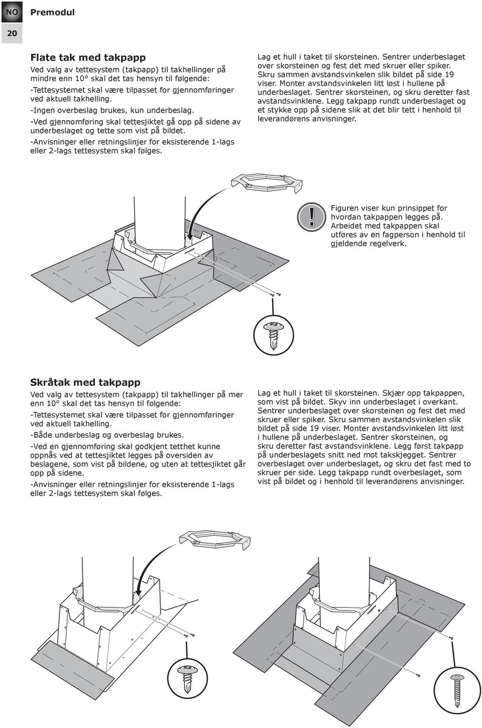 -Anvisninger eller retningslinjer for eksisterende 1-lags eller 2-lags tettesystem skal følges. Lag et hull i taket til skorsteinen.