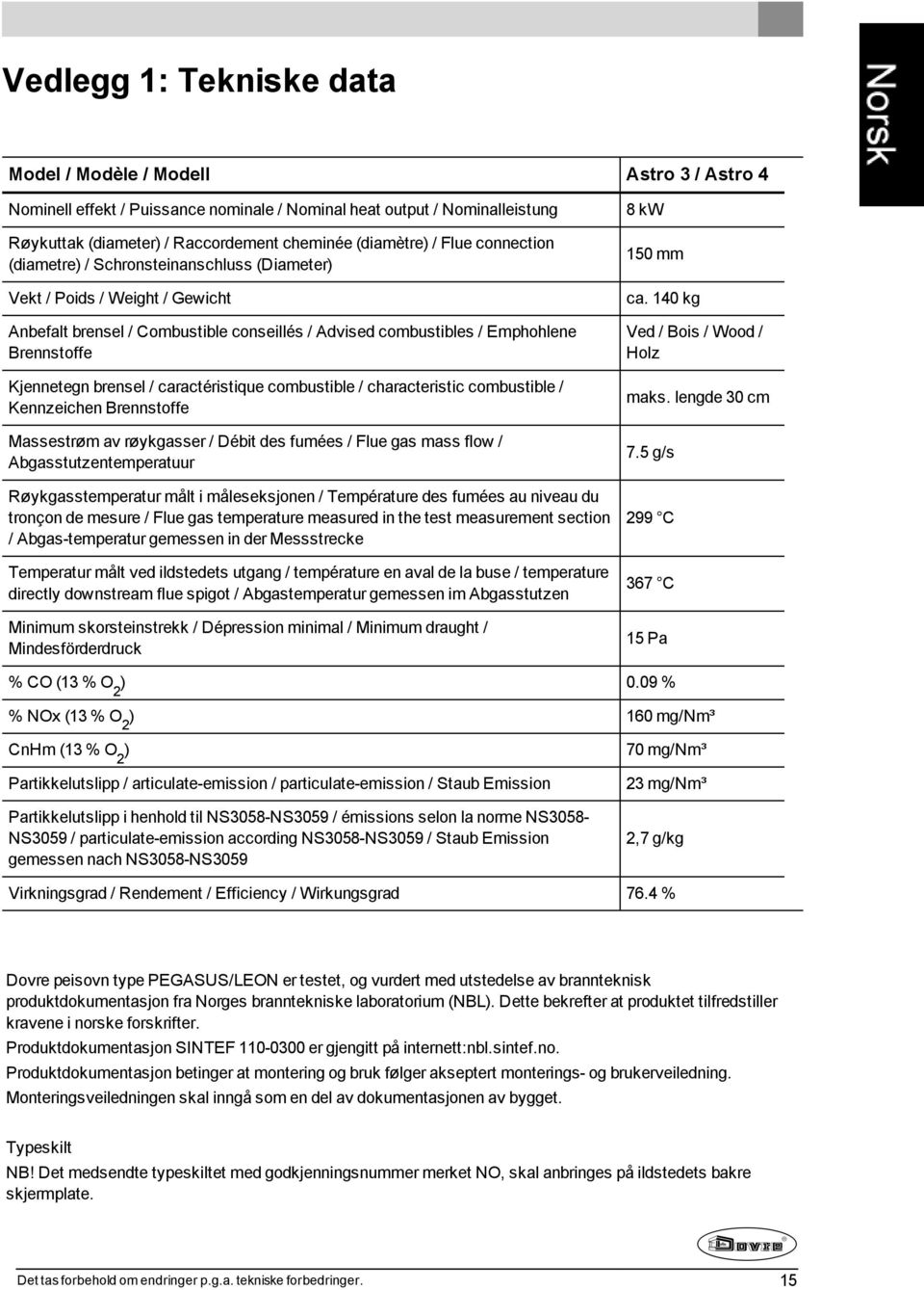 brensel / caractéristique combustible / characteristic combustible / Kennzeichen Brennstoffe Massestrøm av røykgasser / Débit des fumées / Flue gas mass flow / Abgasstutzentemperatuur