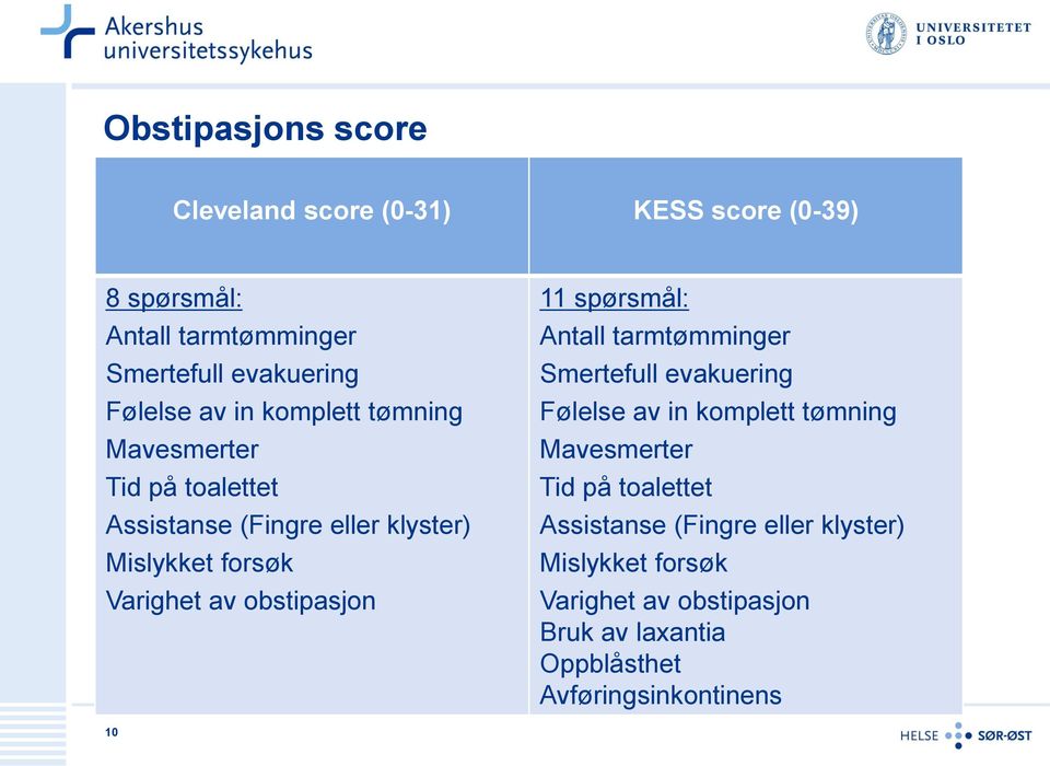 obstipasjon 11 spørsmål: Antall tarmtømminger Smertefull evakuering Følelse  obstipasjon Bruk av laxantia Oppblåsthet