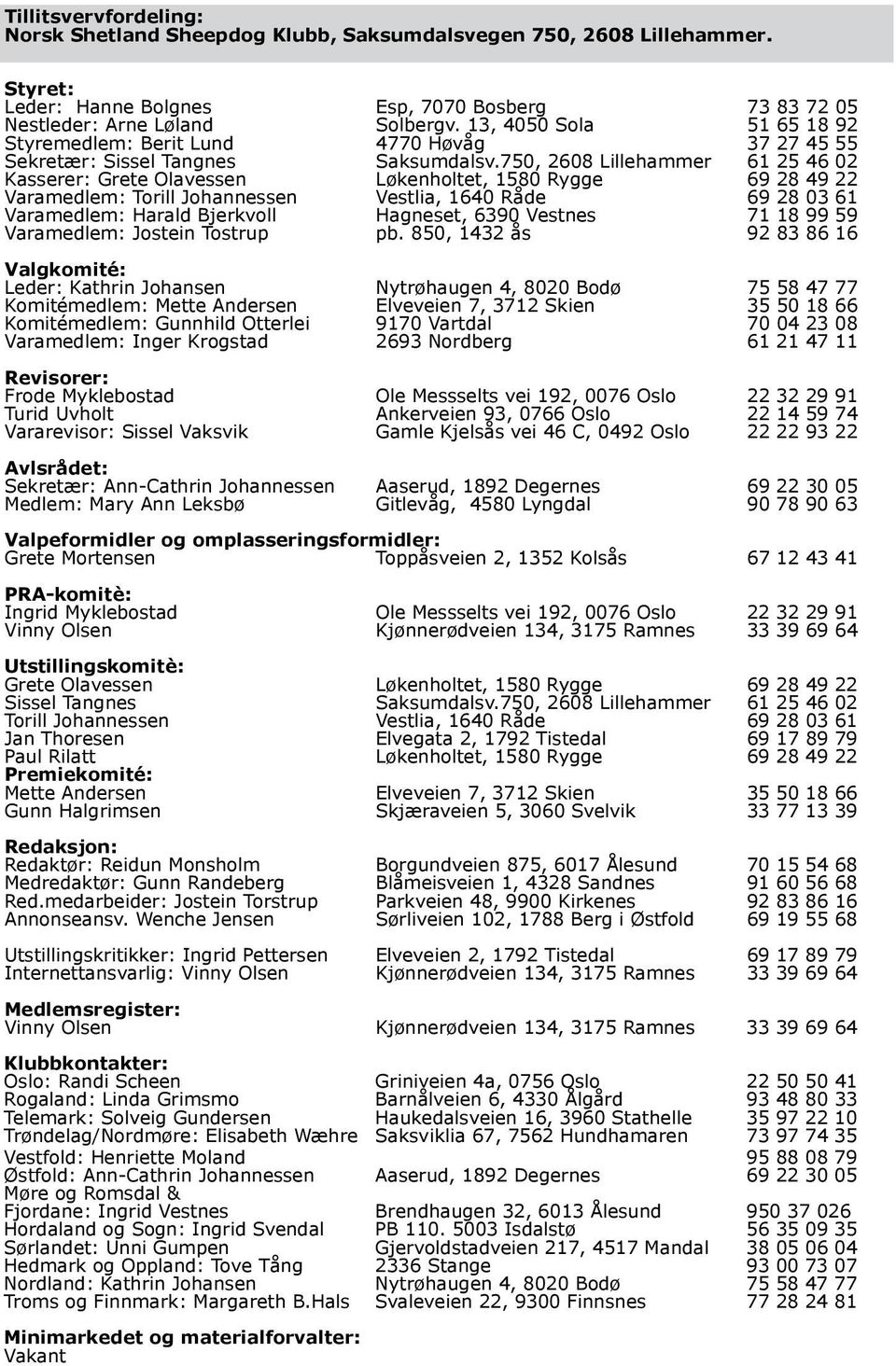 750, 2608 Lillehammer 61 25 46 02 Kasserer: Grete Olavessen Løkenholtet, 1580 Rygge 69 28 49 22 Varamedlem: Torill Johannessen Vestlia, 1640 Råde 69 28 03 61 Varamedlem: Harald Bjerkvoll Hagneset,