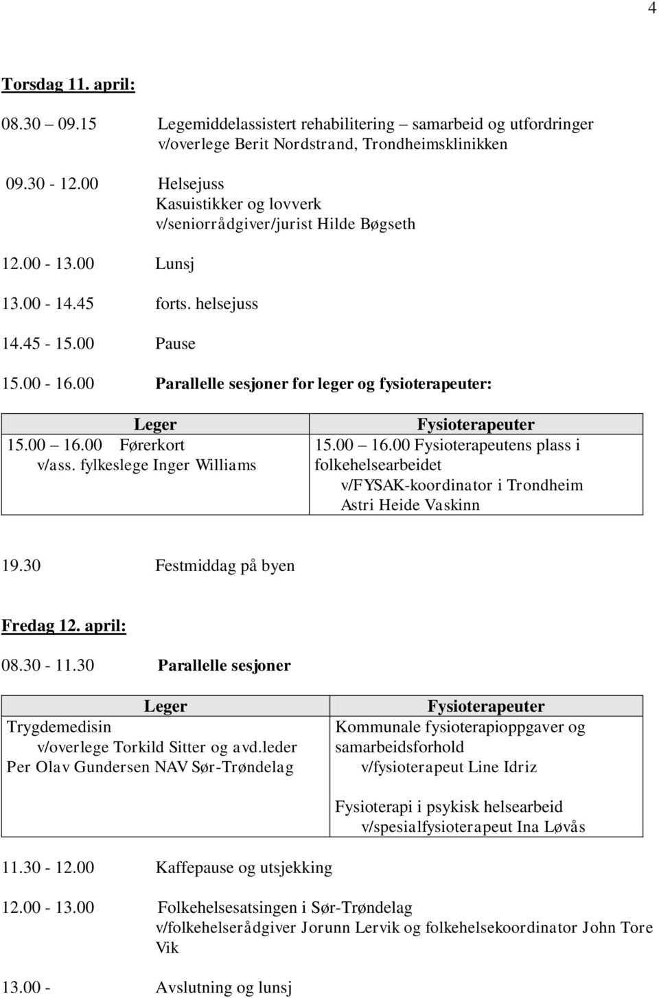 00 Parallelle sesjoner for leger og fysioterapeuter: Leger 15.00 16.00 Førerkort v/ass. fylkeslege Inger Williams Fysioterapeuter 15.00 16.00 Fysioterapeutens plass i folkehelsearbeidet v/fysak-koordinator i Trondheim Astri Heide Vaskinn 19.