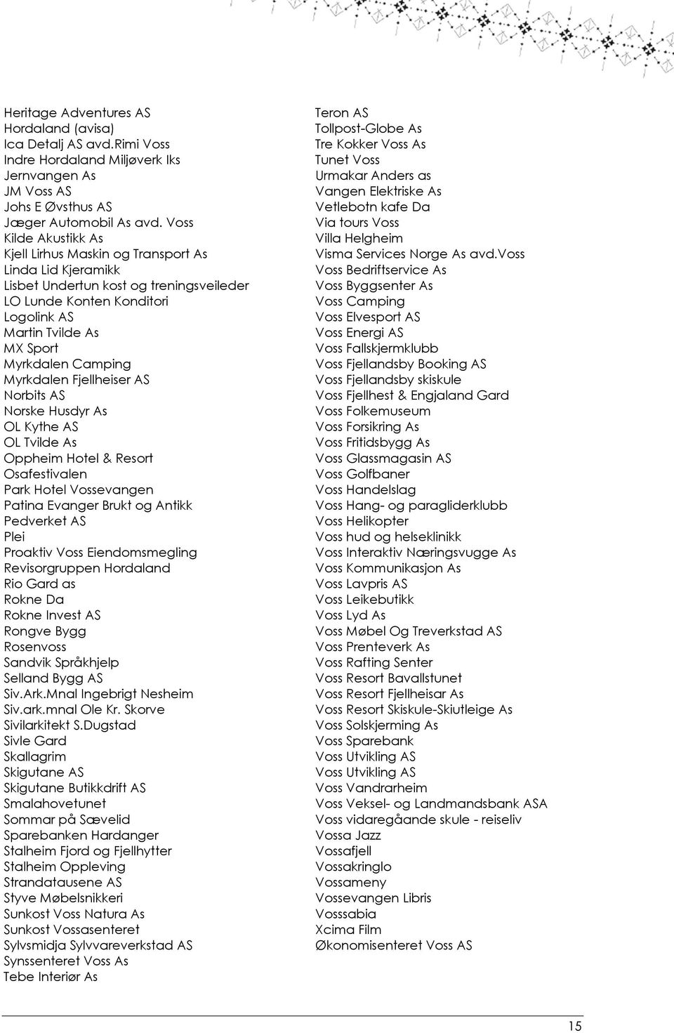 Camping Myrkdalen Fjellheiser AS Norbits AS Norske Husdyr As OL Kythe AS OL Tvilde As Oppheim Hotel & Resort Osafestivalen Park Hotel Vossevangen Patina Evanger Brukt og Antikk Pedverket AS Plei