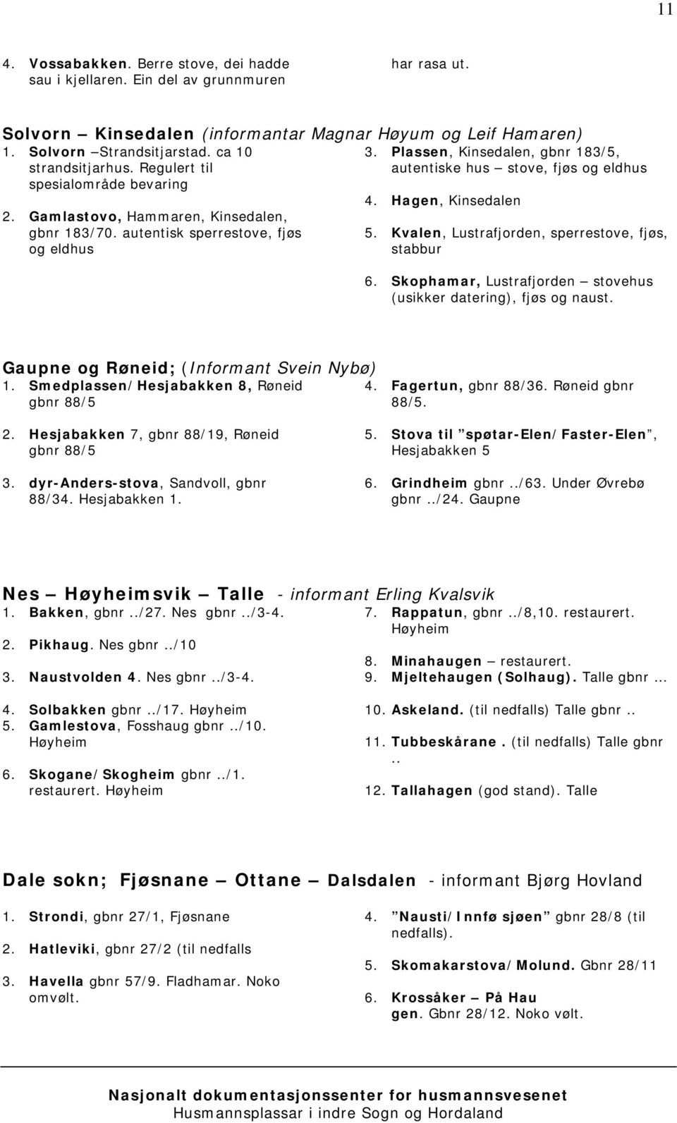 autentisk sperrestove, fjøs og eldhus 4. Hagen, Kinsedalen 5. Kvalen, Lustrafjorden, sperrestove, fjøs, stabbur 6. Skophamar, Lustrafjorden stovehus (usikker datering), fjøs og naust.