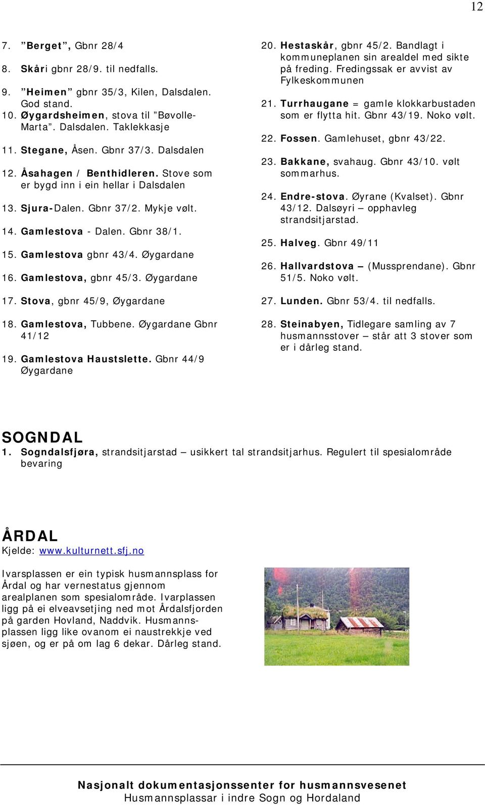 Øygardane 16. Gamlestova, gbnr 45/3. Øygardane 17. Stova, gbnr 45/9, Øygardane 18. Gamlestova, Tubbene. Øygardane Gbnr 41/12 19. Gamlestova Haustslette. Gbnr 44/9 Øygardane 20. Hestaskår, gbnr 45/2.