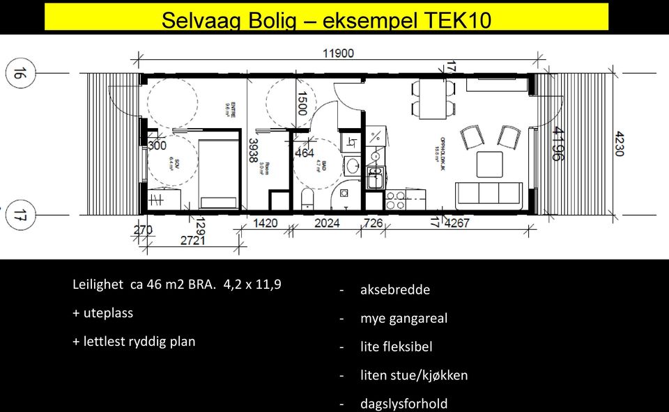 4,2 x 11,9 + uteplass + lettlest ryddig plan