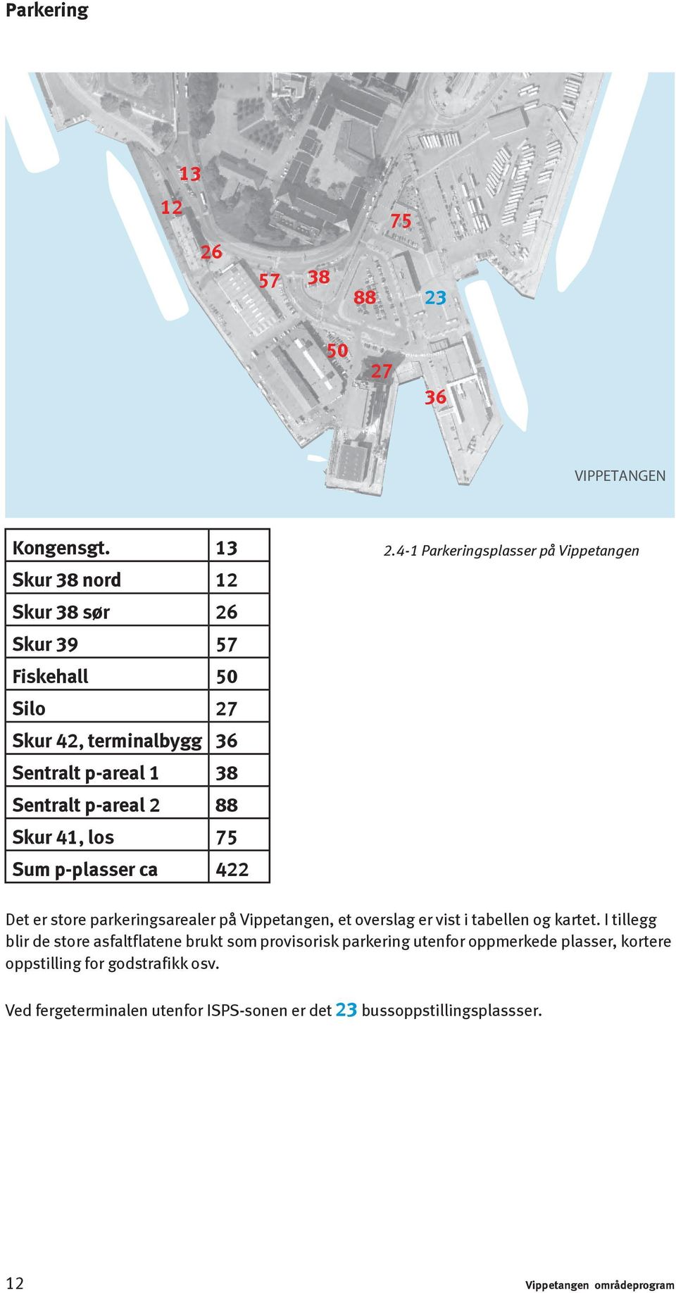 Sum p-plasser ca 422 2.4-1 Parkeringsplasser på Vippetangen Det er store parkeringsarealer på Vippetangen, et overslag er vist i tabellen og kartet.