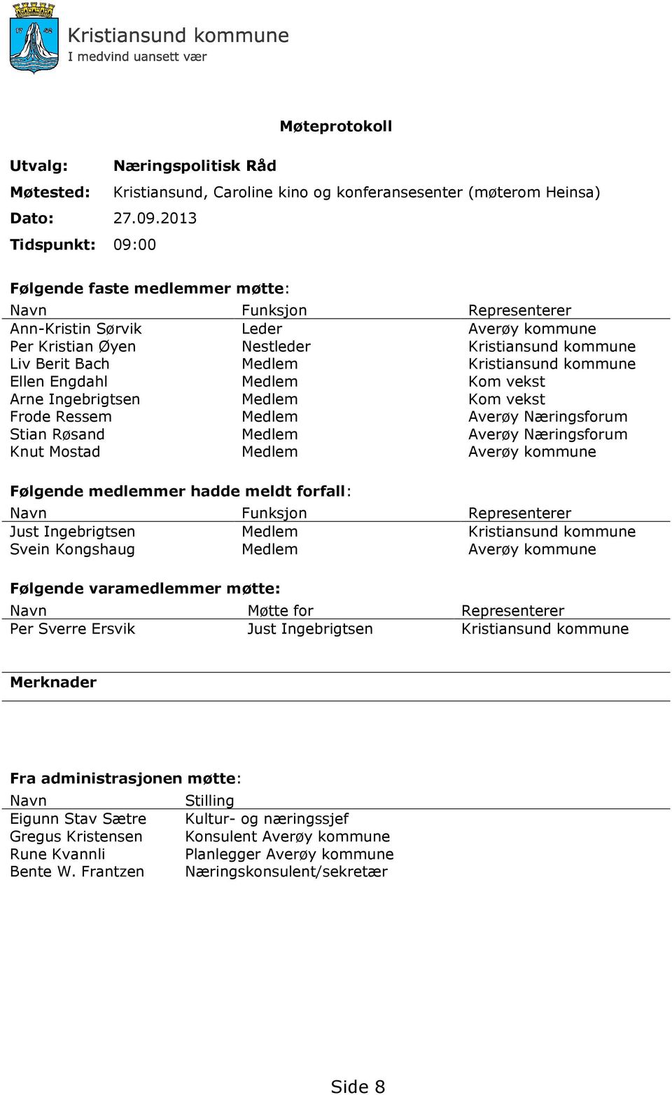 Kristiansund kommune Ellen Engdahl Medlem Kom vekst Arne Ingebrigtsen Medlem Kom vekst Frode Ressem Medlem Averøy Næringsforum Stian Røsand Medlem Averøy Næringsforum Knut Mostad Medlem Averøy