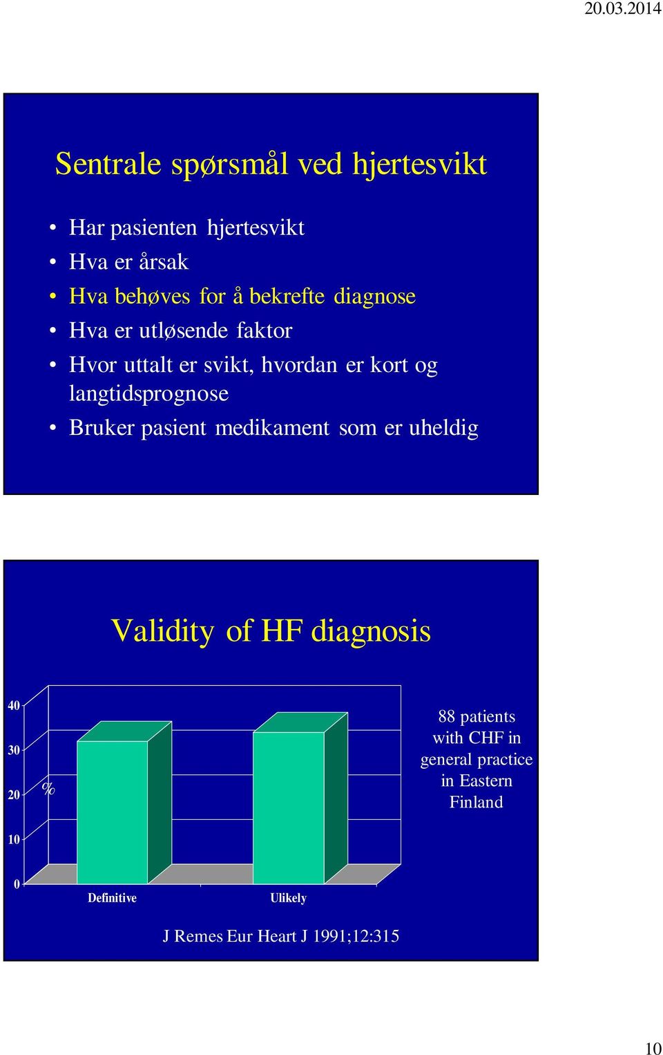 langtidsprognose Bruker pasient medikament som er uheldig Validity of HF diagnosis 40 30 20 % 88