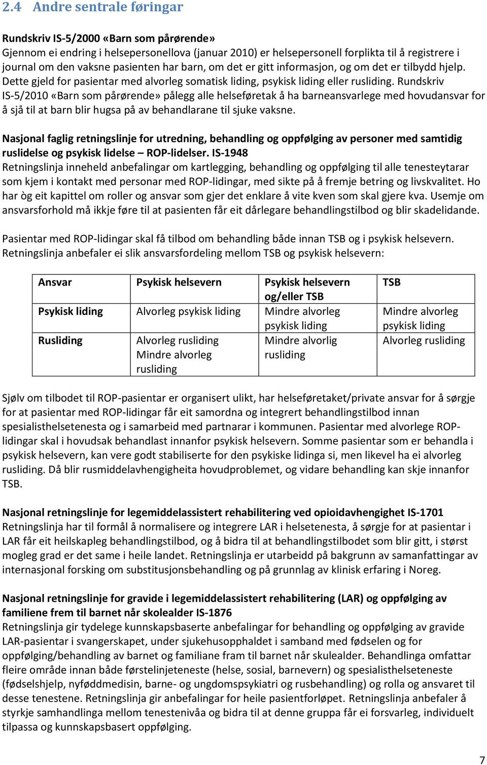 Rundskriv IS-5/2010 «Barn som pårørende» pålegg alle helseføretak å ha barneansvarlege med hovudansvar for å sjå til at barn blir hugsa på av behandlarane til sjuke vaksne.