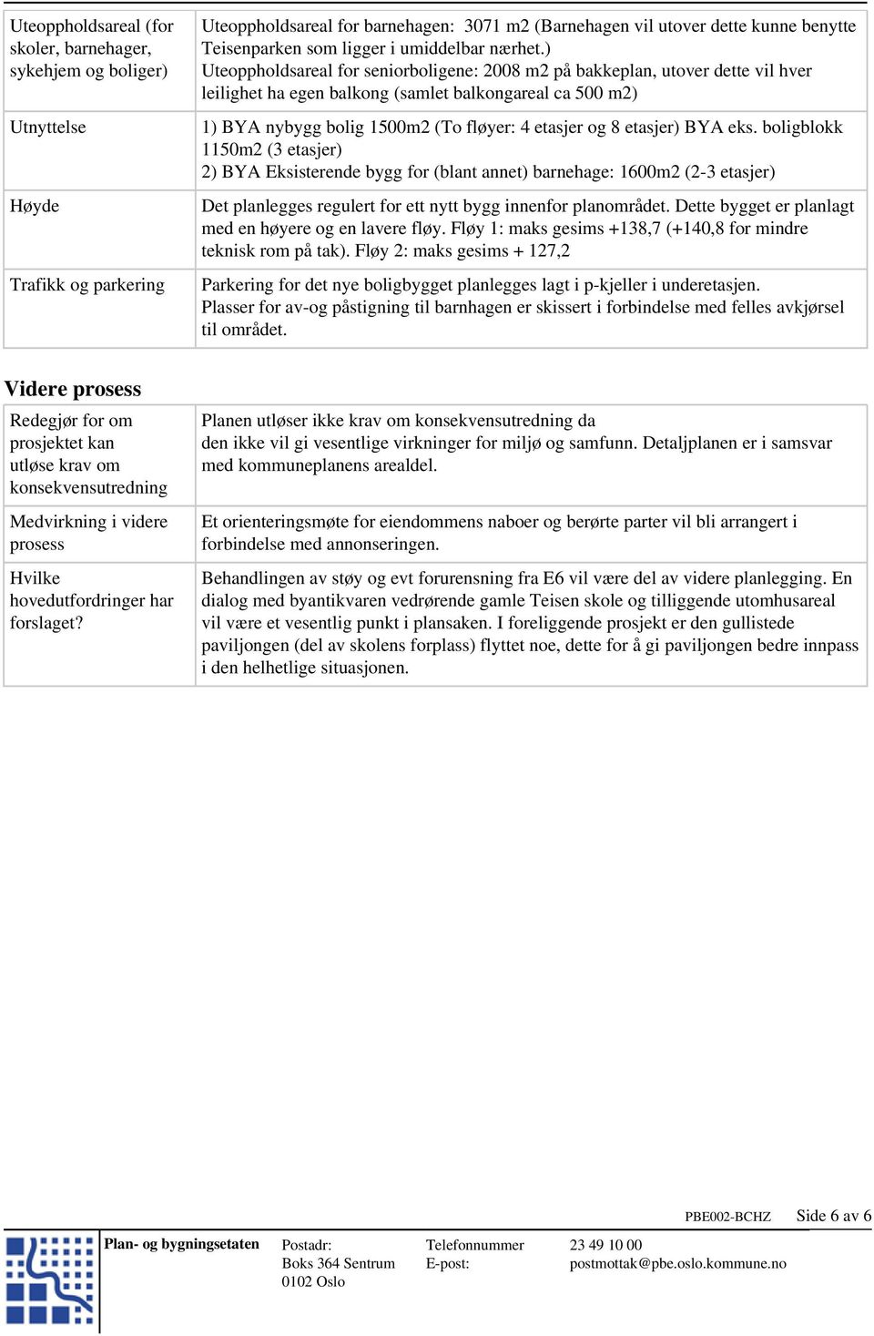 ) Uteoppholdsareal for seniorboligene: 2008 m2 på bakkeplan, utover dette vil hver leilighet ha egen balkong (samlet balkongareal ca 500 m2) 1) BYA nybygg bolig 1500m2 (To fløyer: 4 etasjer og 8