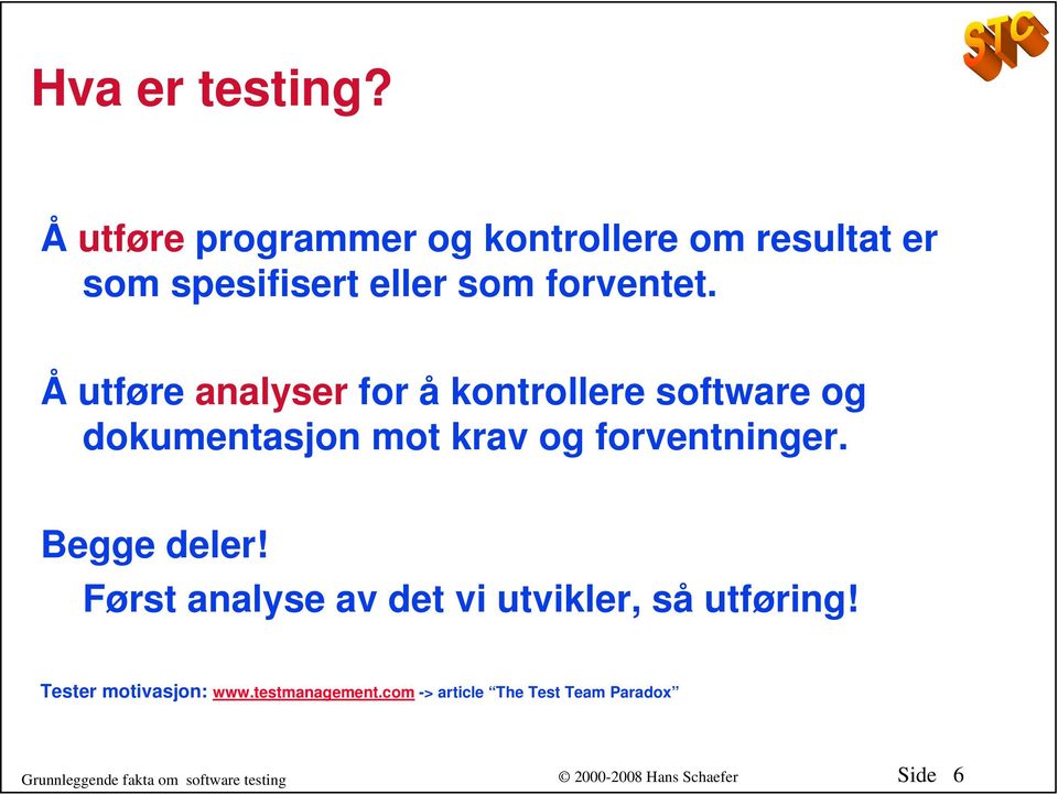 Å utføre analyser for å kontrollere software og dokumentasjon mot krav og forventninger.