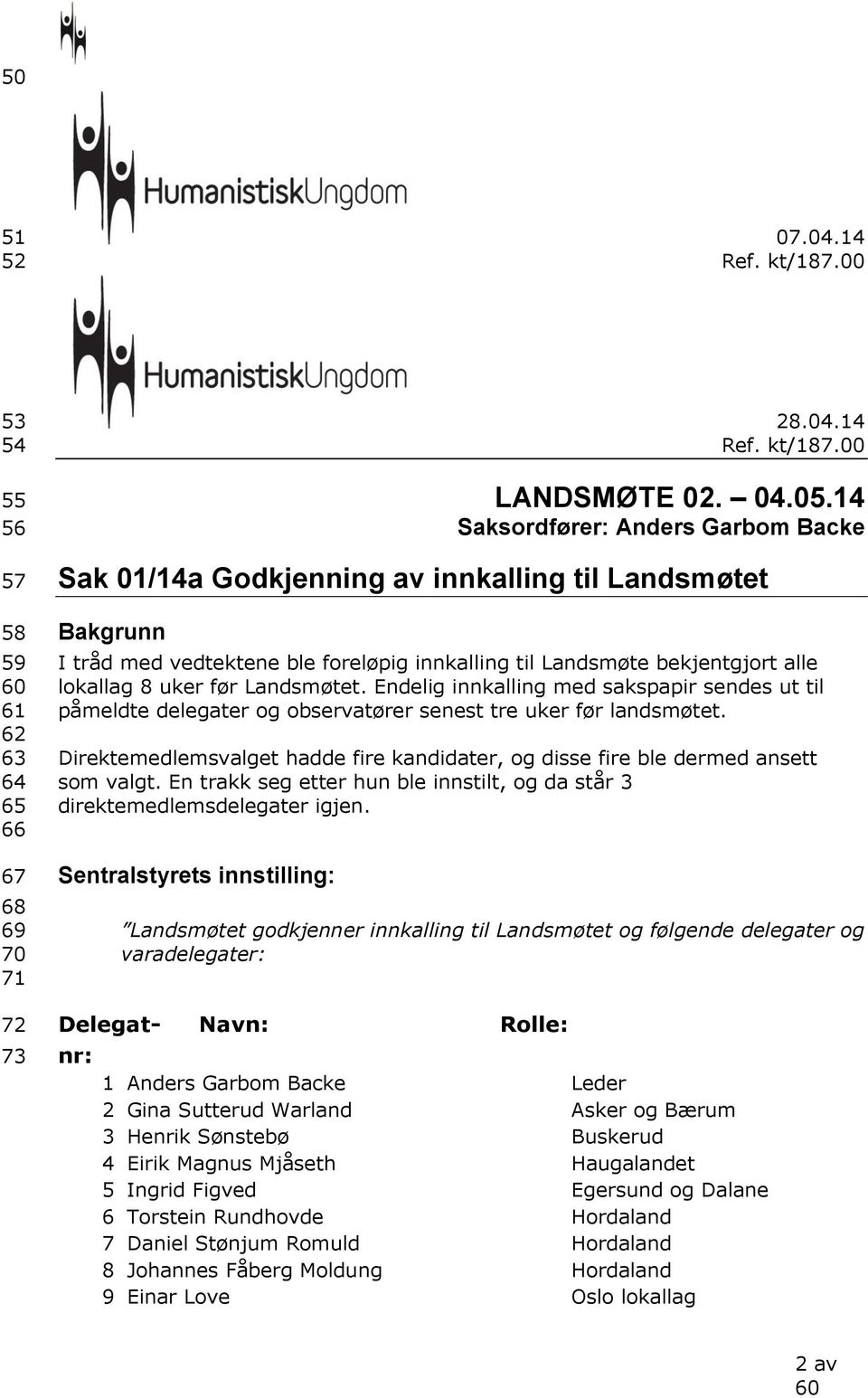 Landsmøtet. Endelig innkalling med sakspapir sendes ut til påmeldte delegater og observatører senest tre uker før landsmøtet.