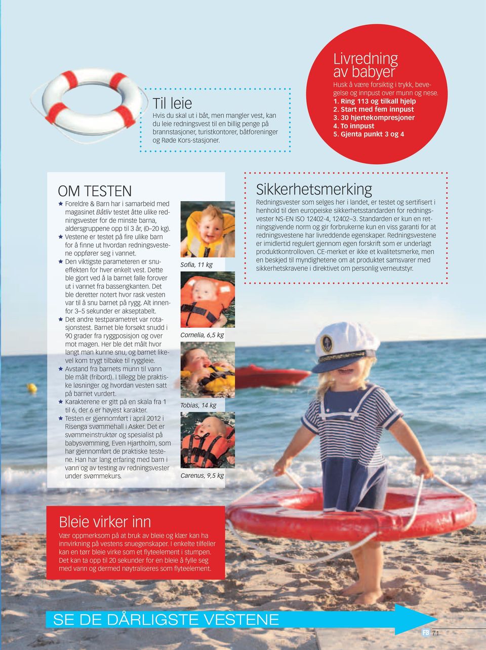 Gjenta punkt 3 og 4 OM TESTEN Foreldre & Barn har i samarbeid med magasinet Båtliv testet åtte ulike redningsvester for de minste barna, aldersgruppene opp til 3 år, (0 20 kg).