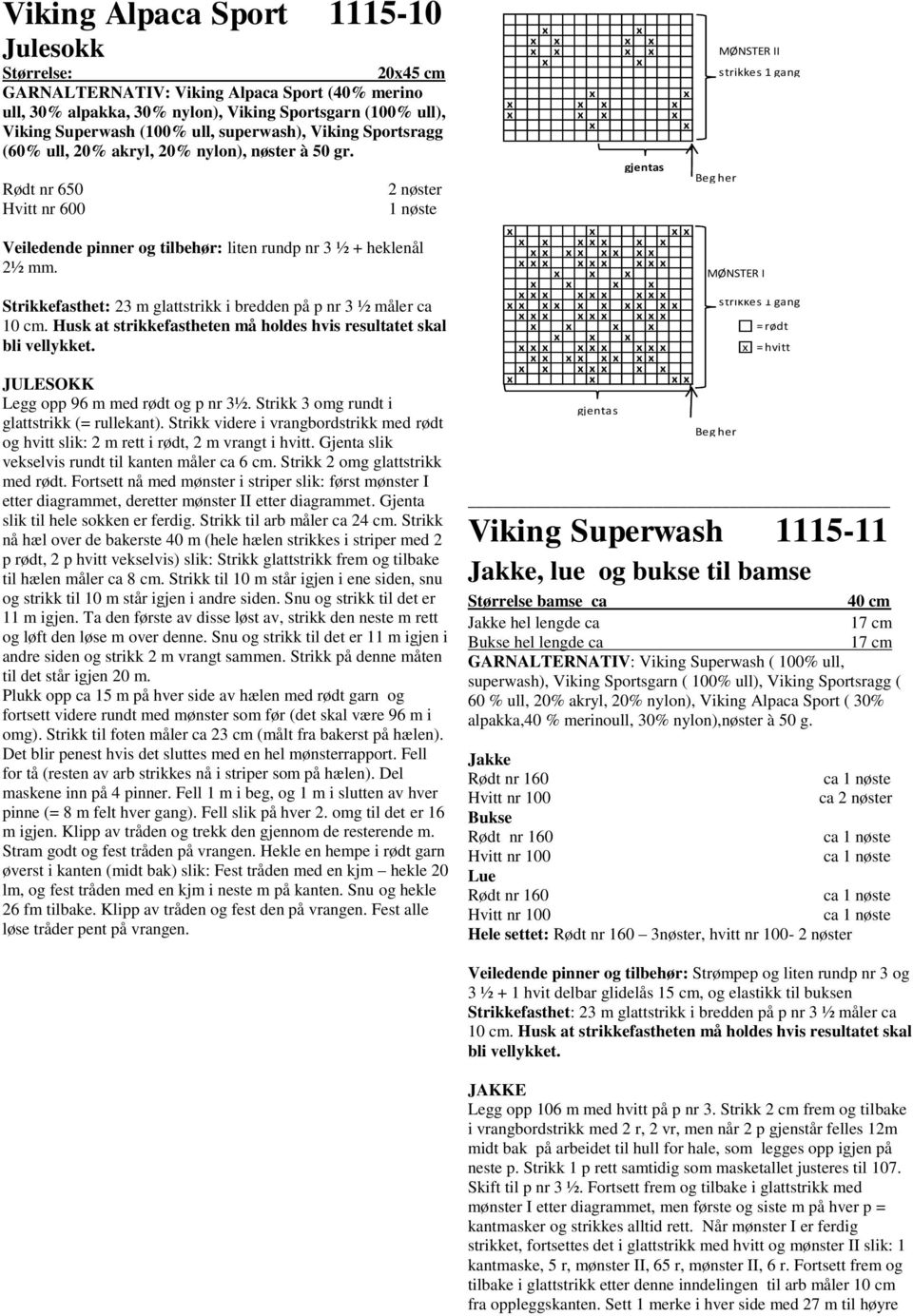 Strikkefasthet: 23 m glattstrikk i bredden på p nr 3 ½ måler ca 10 cm. Husk at strikkefastheten må holdes his resultatet skal bli ellykket. JULESOKK Legg opp 96 m med rødt og p nr 3½.