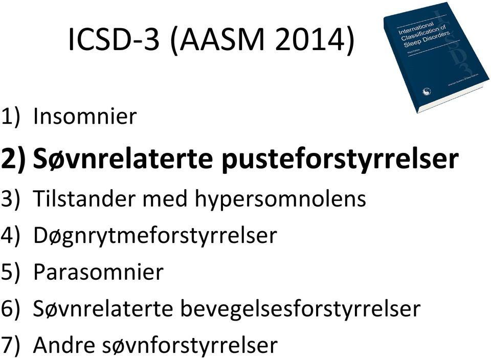 4) Døgnrytmeforstyrrelser 5) Parasomnier 6)